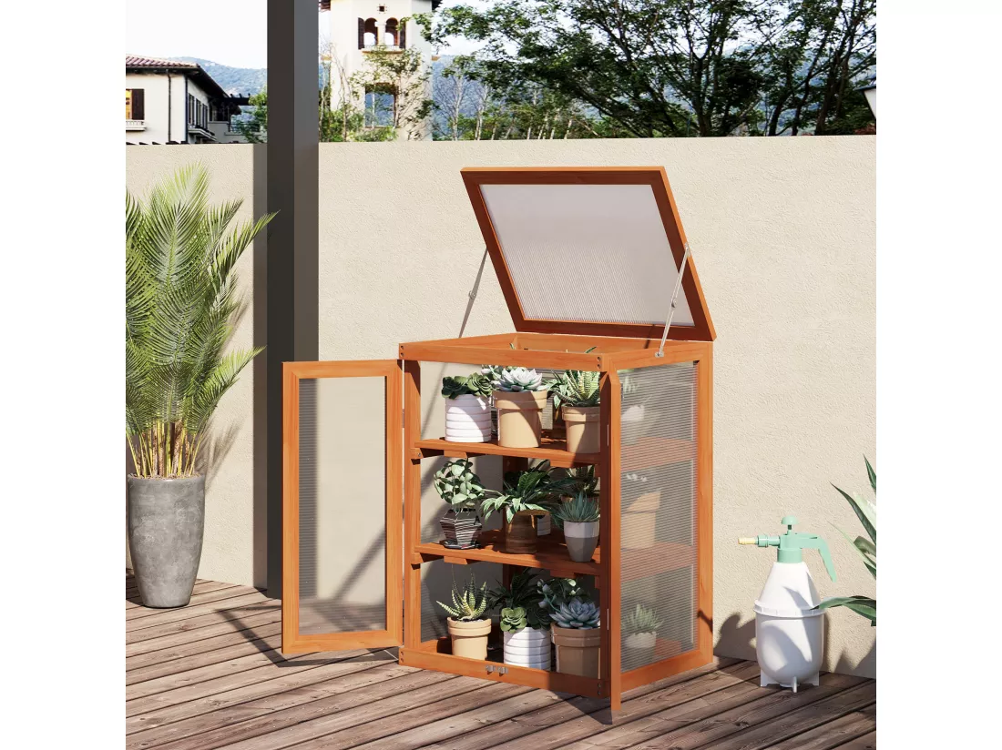 Mini serre de jardin 3 niveaux dim. 58L x 44l x 78H cm double porte toit ouvrant bois sapin lasuré polycarbonate