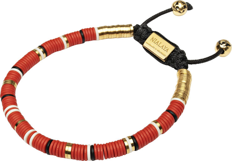 Nialaya Men's Beaded Bracelet with Red, White and Gold Plated Disc Beads Black