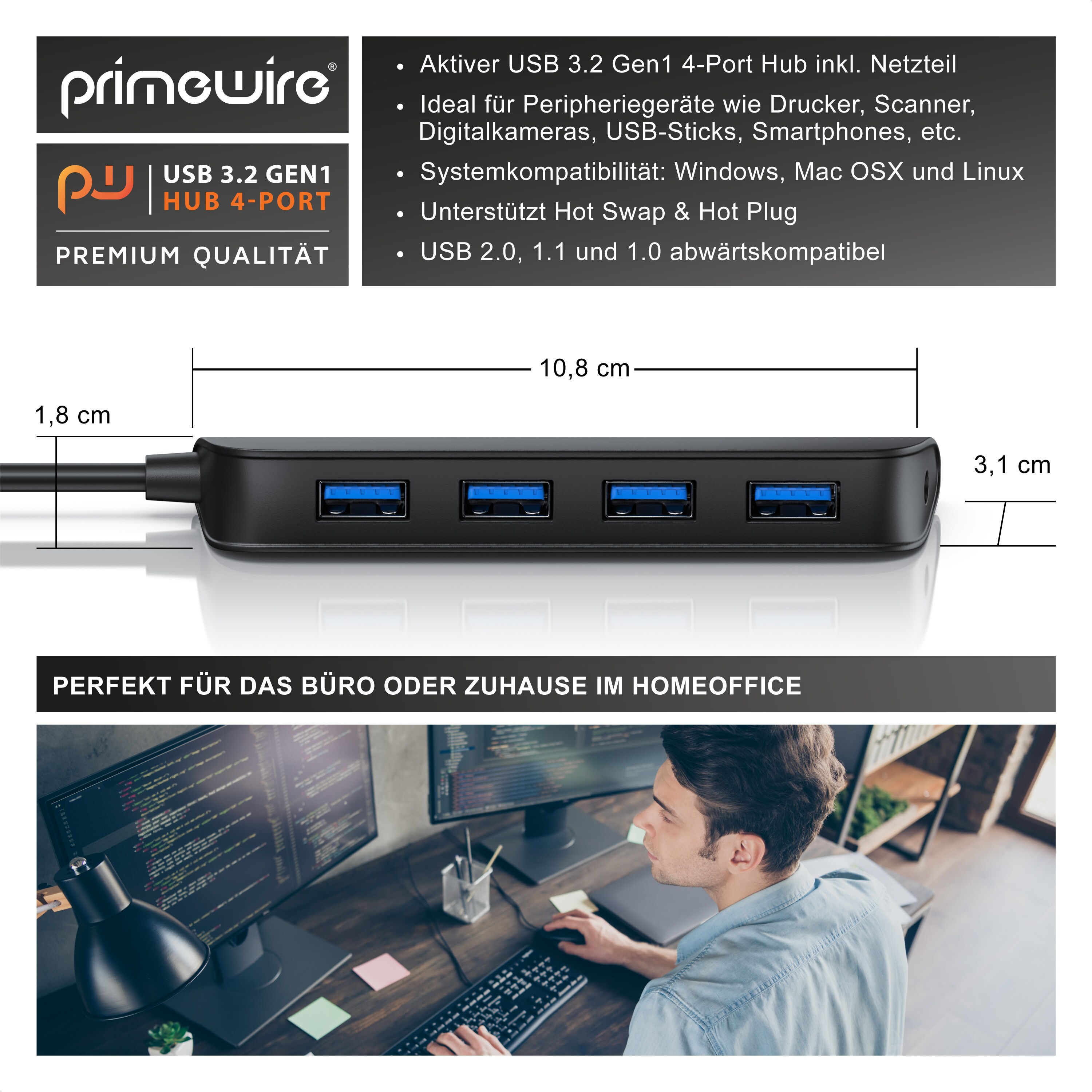 Primewire aktiver 4 Port USB 3.2 Gen1 Hub, Verteiler mit Netzteil, leicht, hohe Transportabilität, USB-Adapter