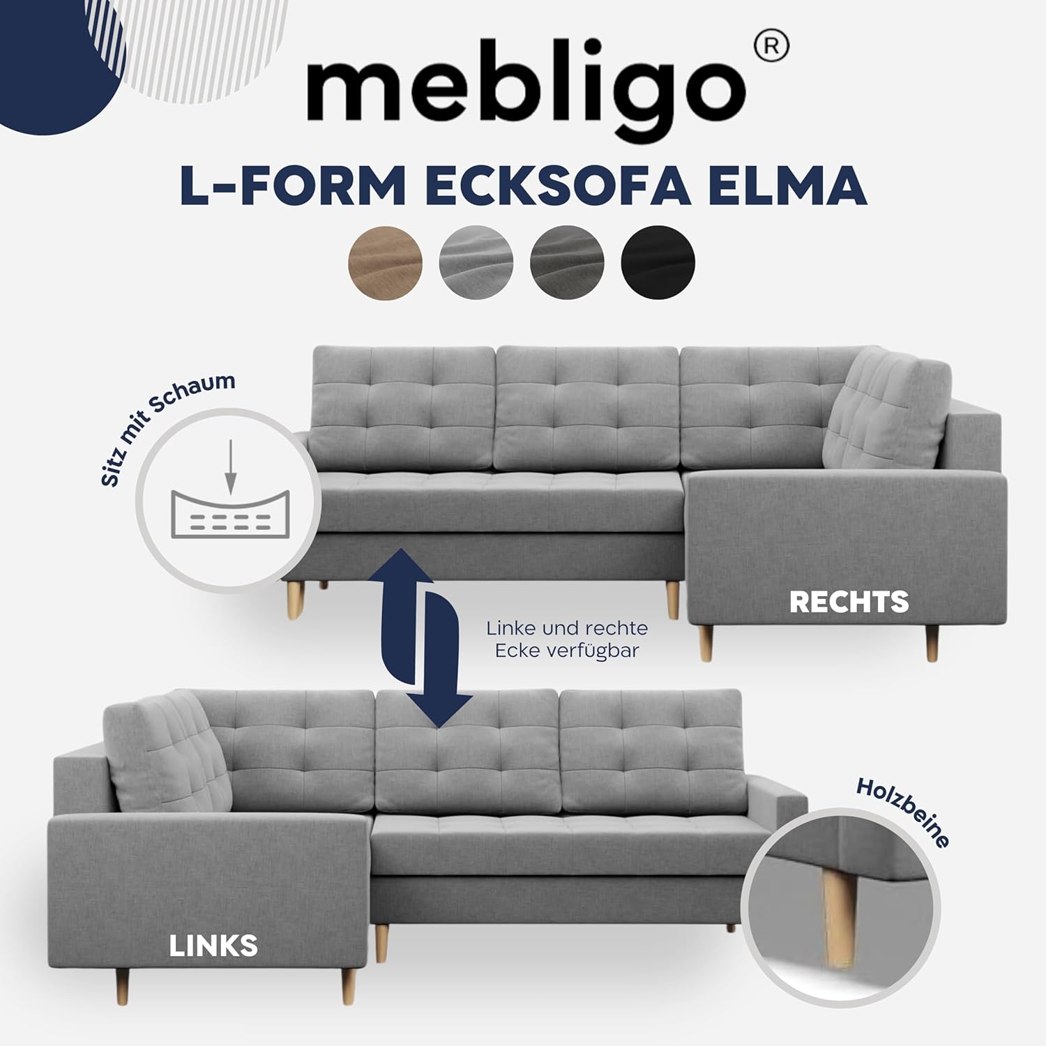 Mebligo - Ecksofa mit Schlaffunktion und Bettkasten Elma, Eckcouch mit Ottomane Links, Sofa L Form (BxTxH) 223 x 172 x 88 cm, Couch Wohnzimmer, Ecke Sofa, Braun (Lux 2)