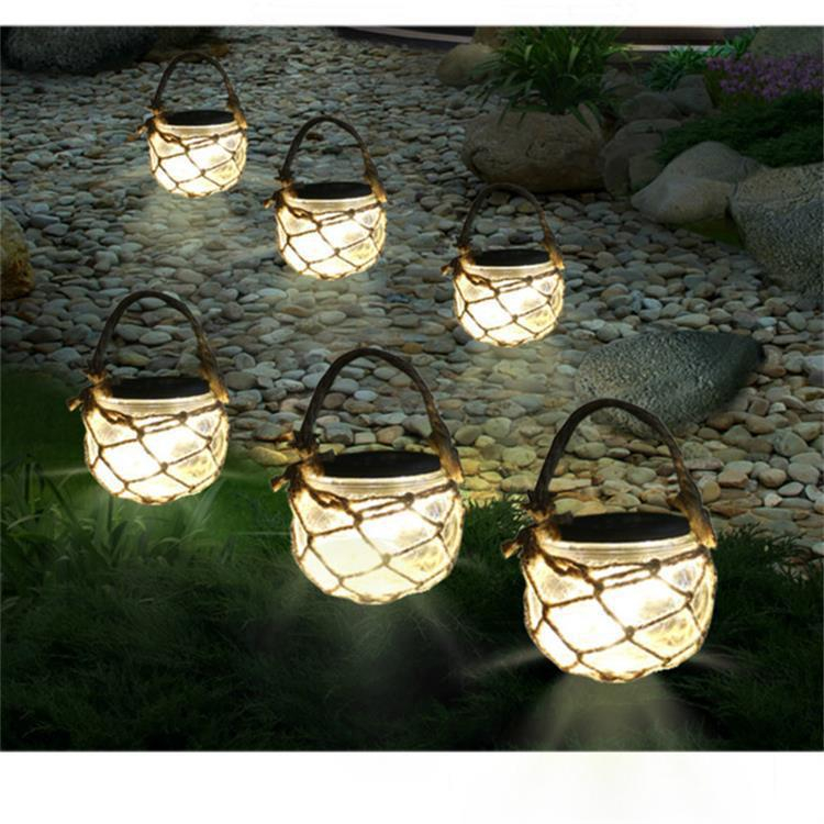 (2er Set) 8x9cm LED Solar Lampe Outdoor Glas Laterne Gartenleuchte mit Sisal Kordeln - Warmweiss