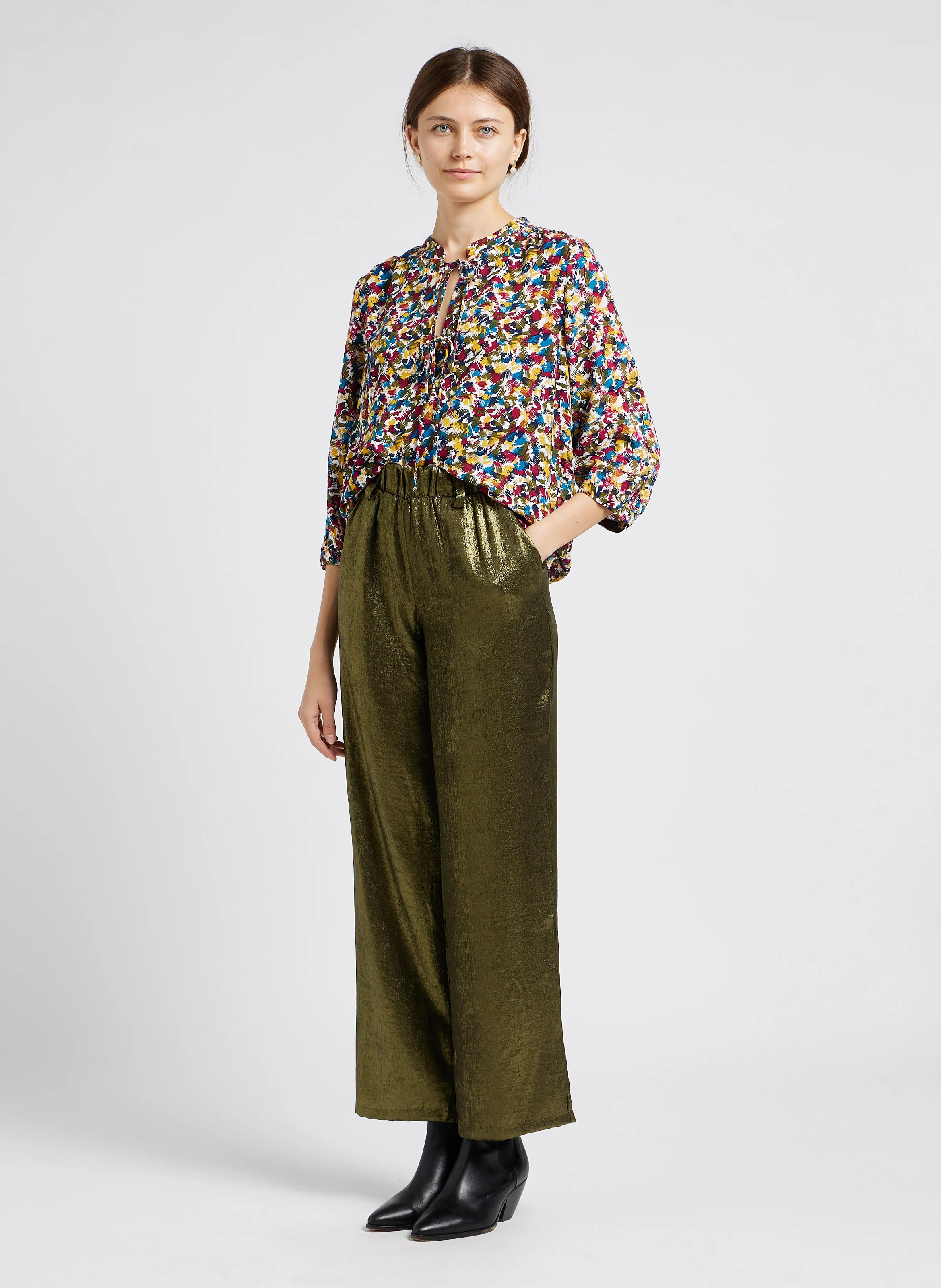 METALLA - Pantalon large satiné| Kaki
