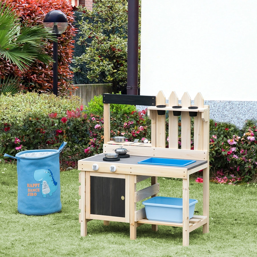 Outsunny Kinderküche mit Pflanzentöpfe natur