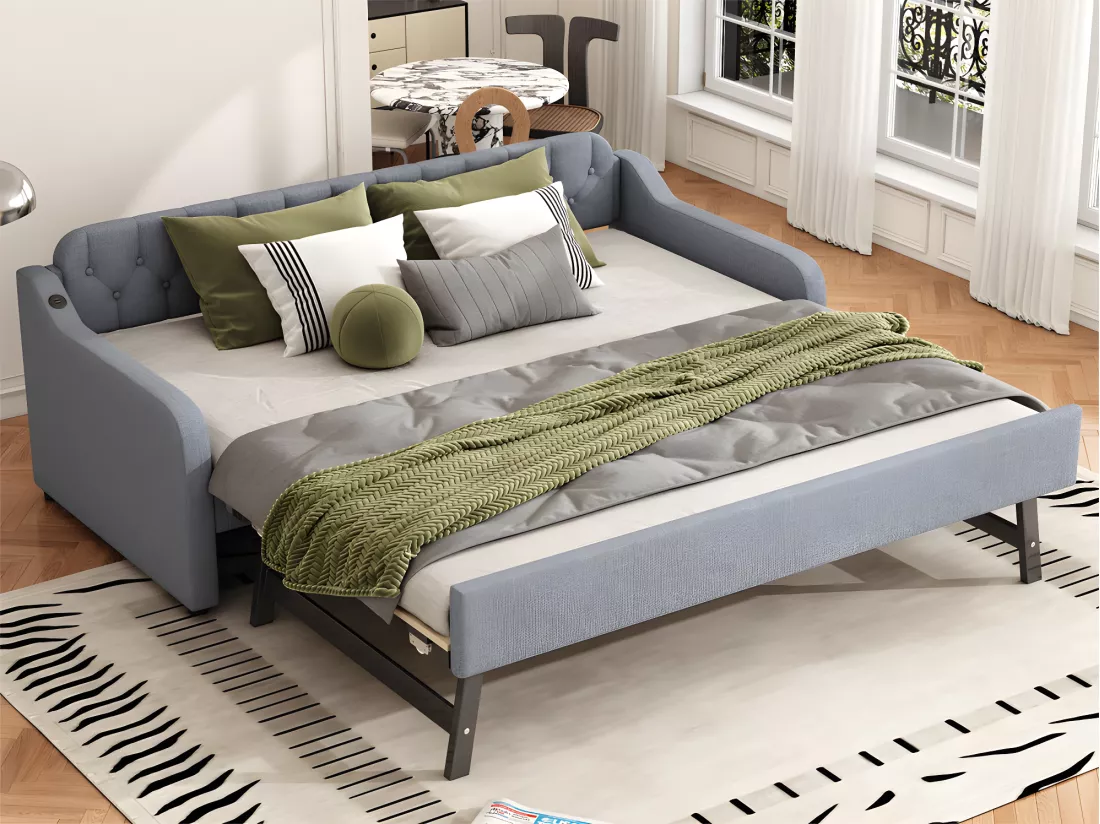 Lit gigogne 90x200cm - avec Port USB - tissu en Lin - Gris