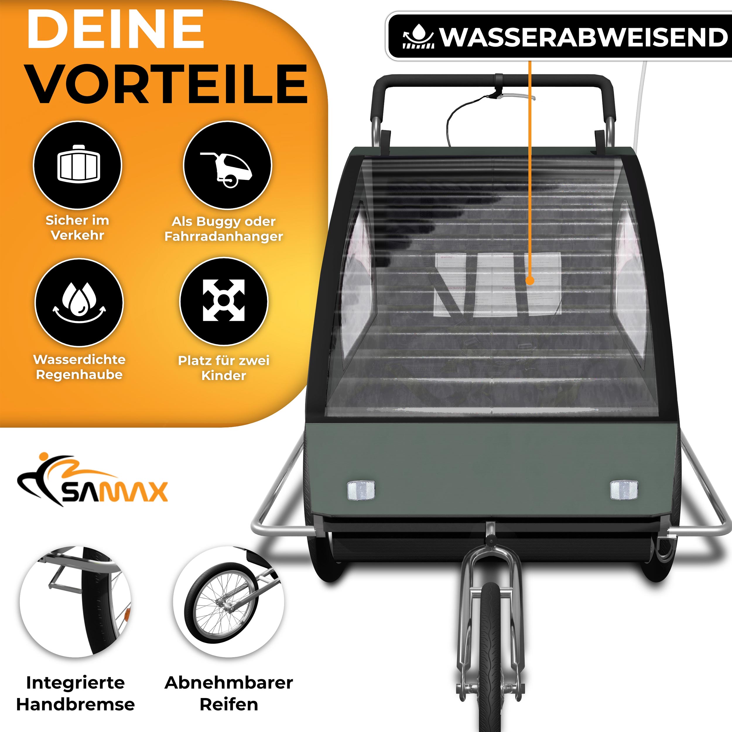 SAMAX Fahrradanhänger 2in1 Jogger - in Dunkelgrün/Schwarz - Silver Frame