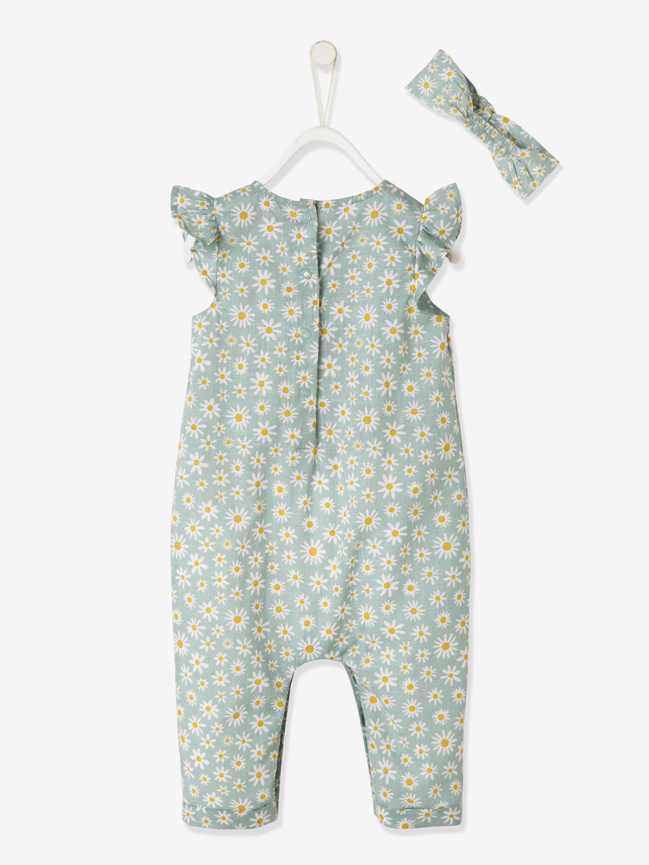 Conjunto de macacão e faixa de cabelo estampados para bebê menina, estampa verde média.