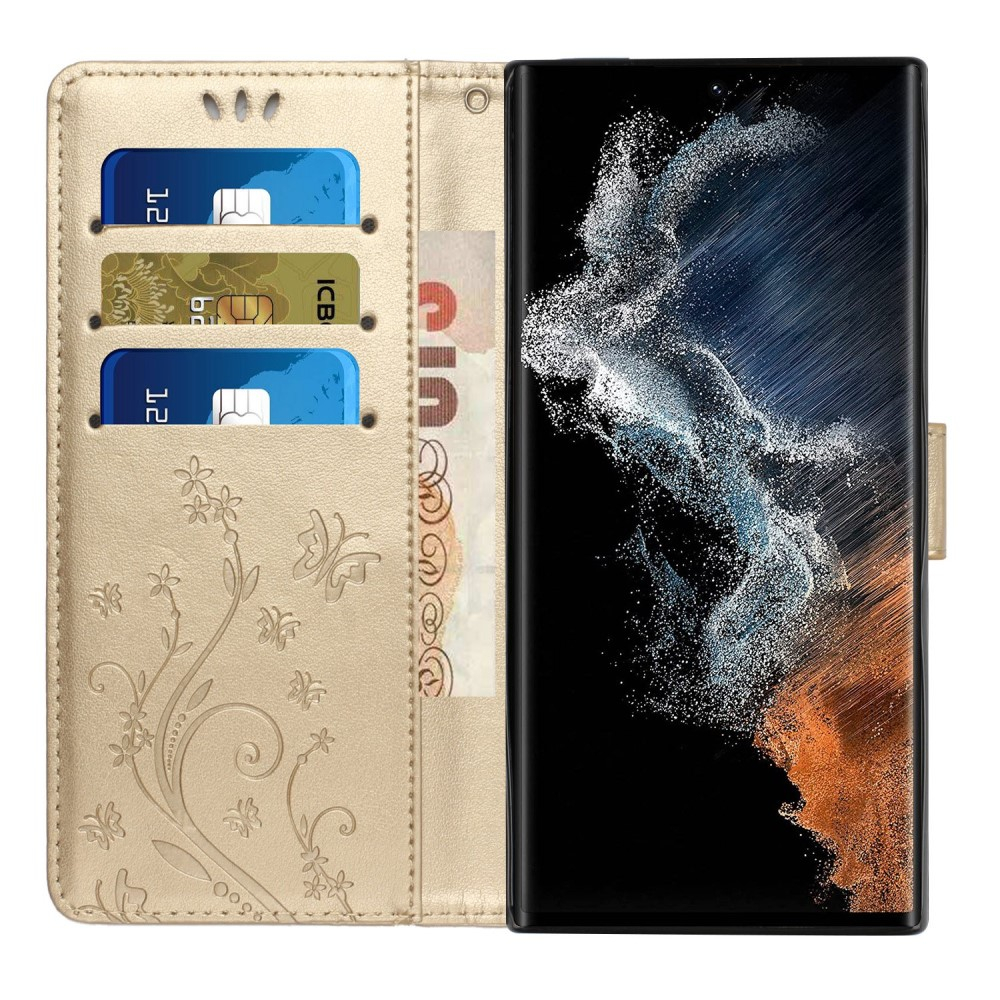 Samsung Galaxy S23 Ultra 5G Leder Tasche mit Kartenfach   Handschlaufe Butterfly Flowers - Gold
