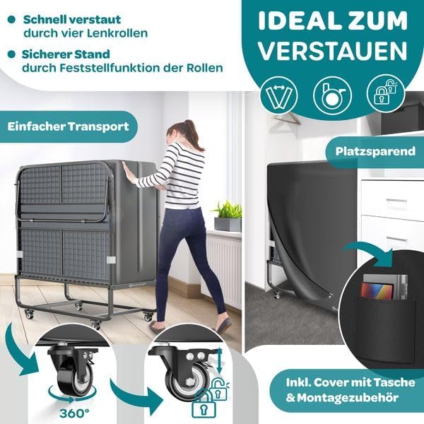 KESSER® Klappbett 200x90cm Gästebett inkl. Matratze aus Memory-Schaum & Rollen | faltbares Reisebett mit Metallrahmen für Erwachsene belastbar bis 250kg | Metallbett mit Schaumstoffmatratze & Cover