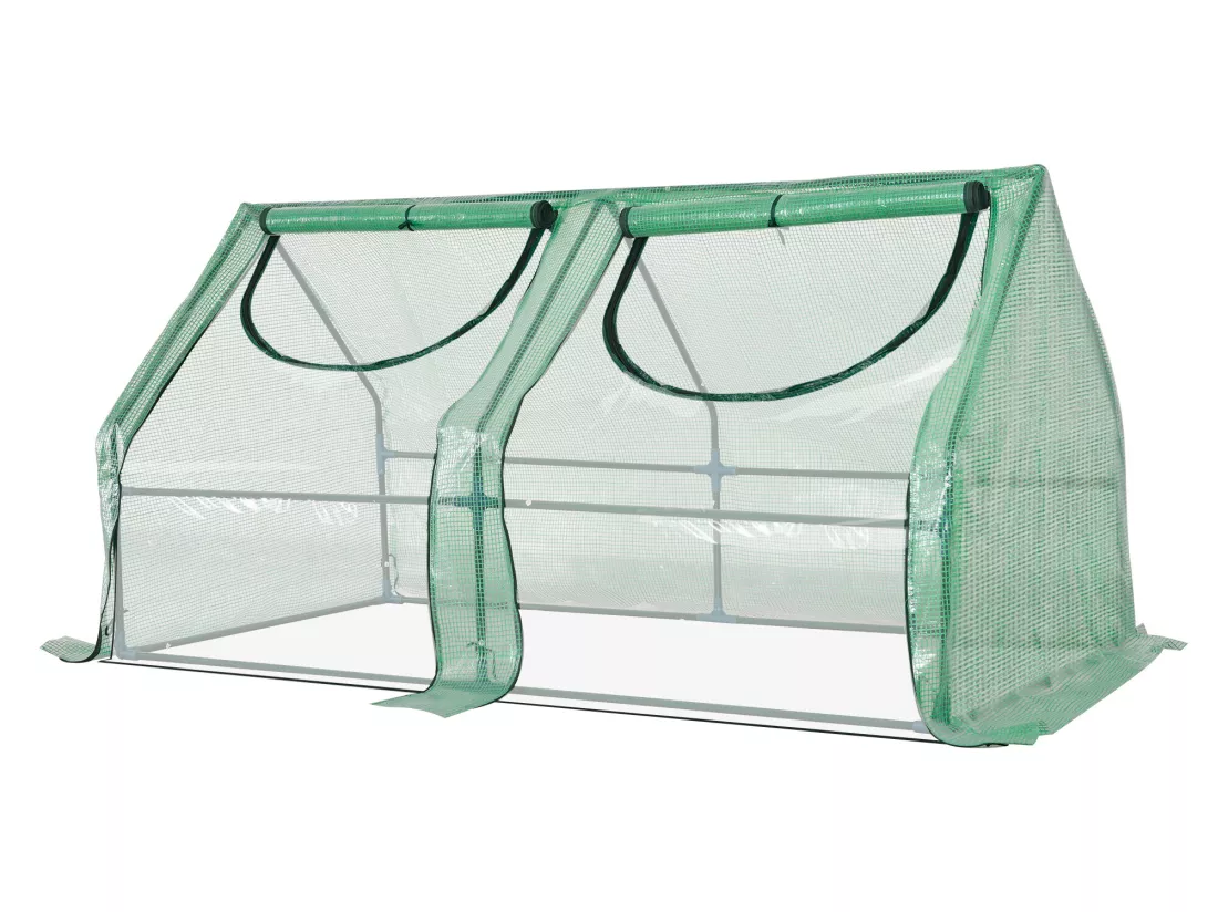 Mini serre de jardin serre à tomates double bâche 180L x 90l x 90H cm acier PE PVC 2 fenêtres avec zip enroulables vert