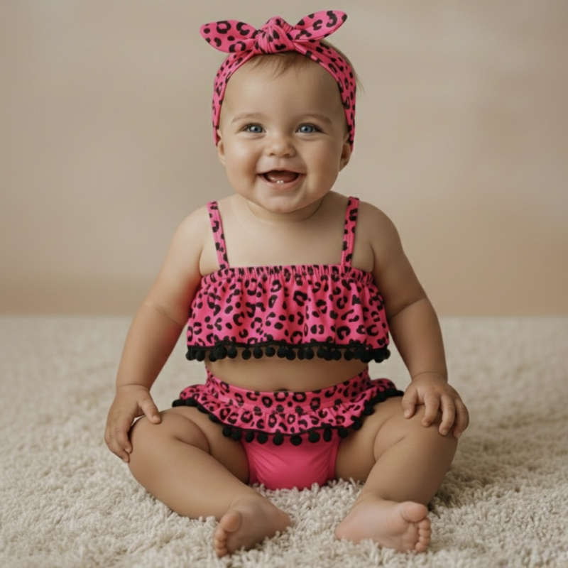 Leo everywhere pompom bikini & Headband - Fuchsia