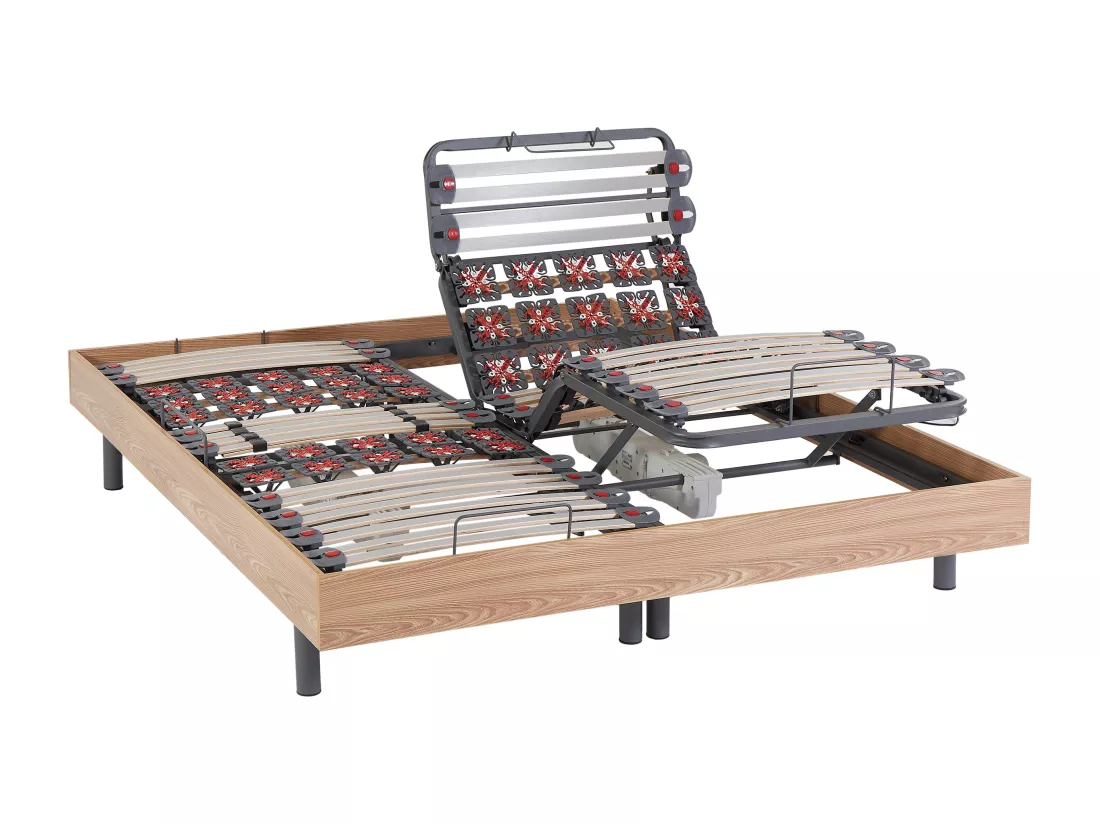 Lit électrique de relaxation lattes et plots + matelas mémoire de forme et bambou - 2 x 80 x 200 cm - Chêne - DAMYSOS de NATUREA