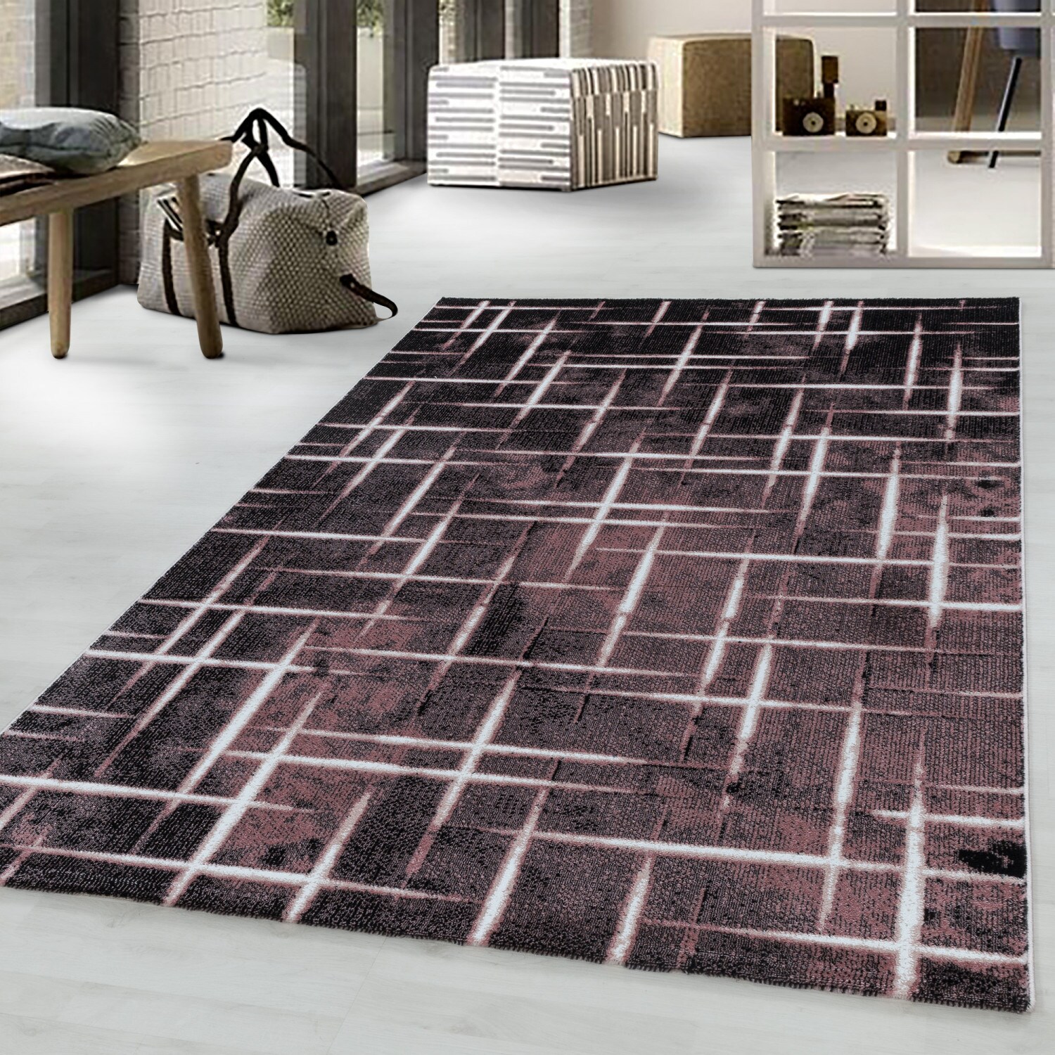 Designer Kurzflor Teppich modern design Wohnzimmer meliert kariert Höhe 9 mm