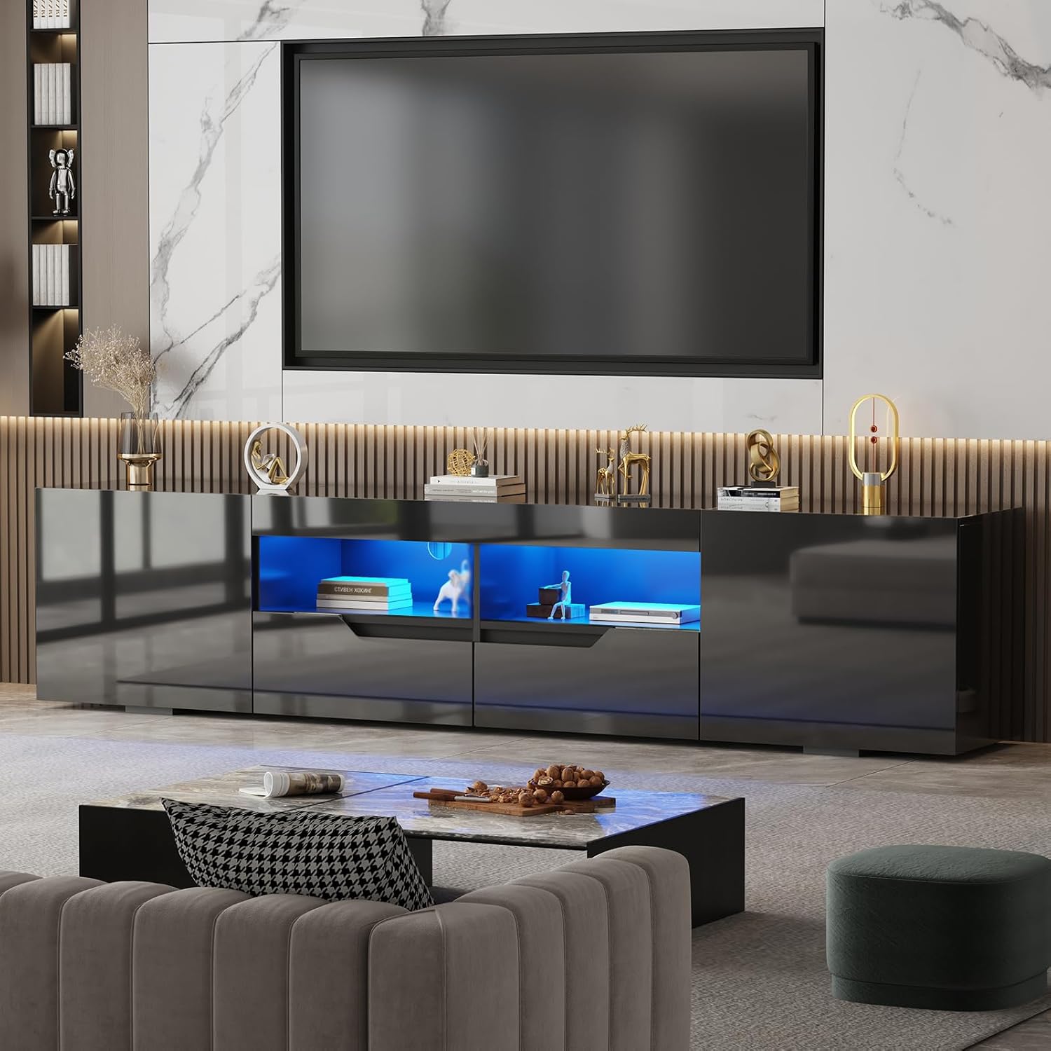 LSLIFE 200zm TV-Schrank mit Stauraum Weiß/Schwarz Hochglanz TV-Möbel mit LED-Leuchten Modernes Entertainment-Möbel für Wohnzimmer Schlafzimmer für bis zu 75-Zoll-Fernseher (schwarz)