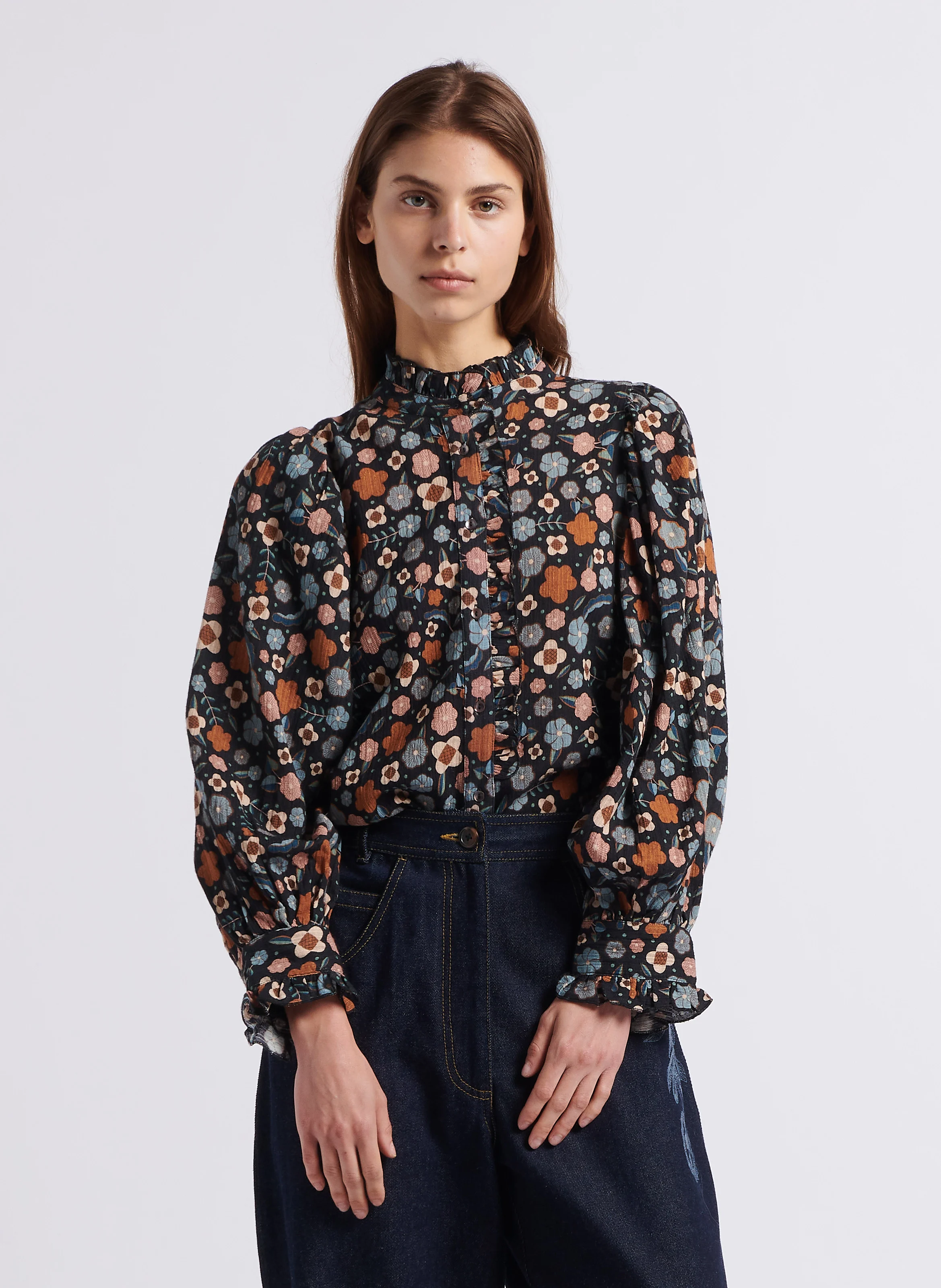 LEO - Chemise droite col montant en coton | Multicolore