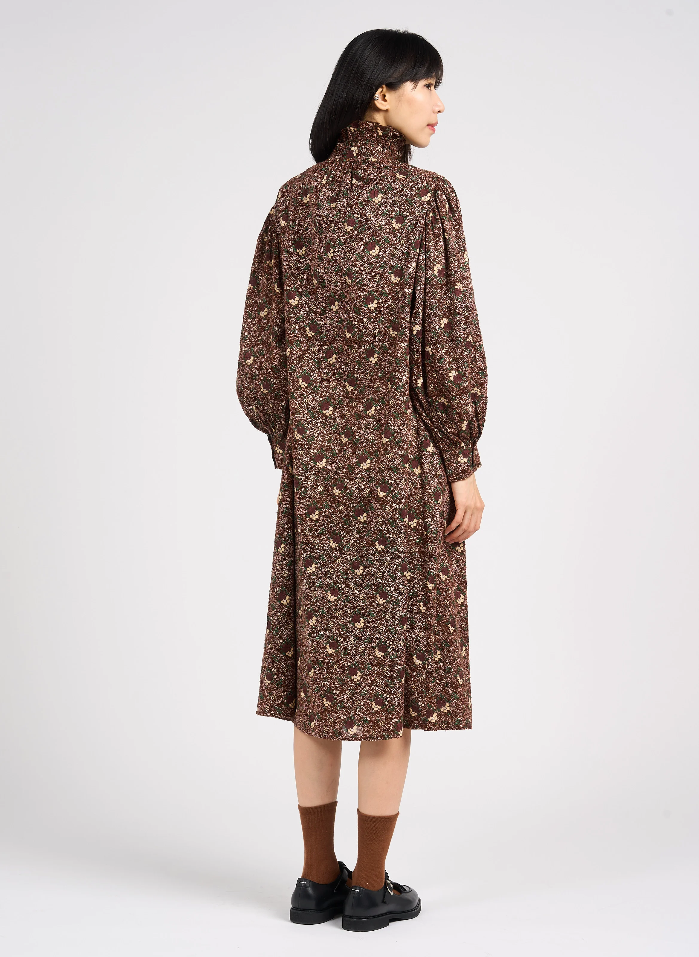 PADDY - Robe longue droite col montant en coton | Marron