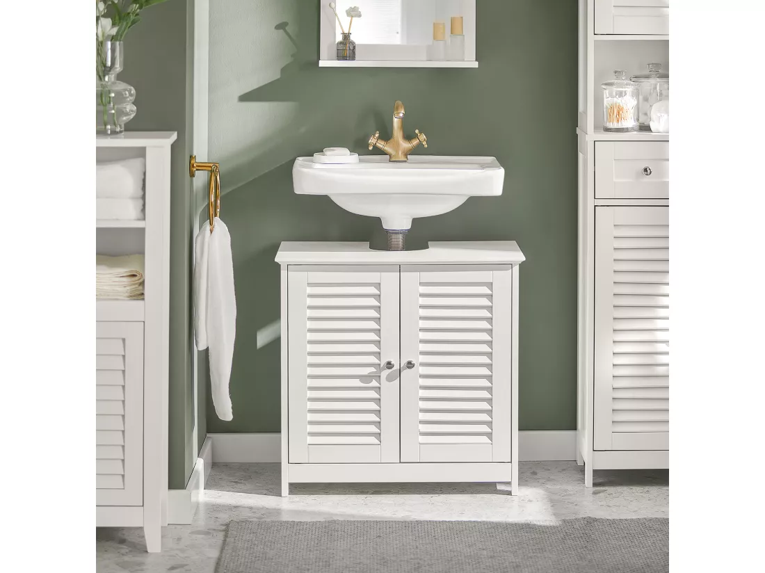 Meuble Sous-Lavabo Meuble de Salle de Bain Vasque - 2 portes et 2 étages -Blanc, FRG237-W