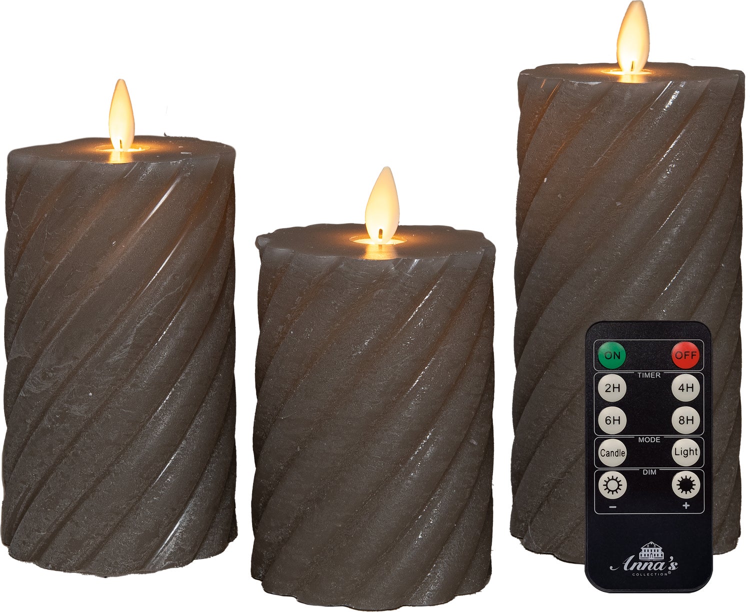 Anna's Collection LED stompkaars Swirl met timer taupe D 7,5 H 10 / 12,5 / 15 cm 3 stuks