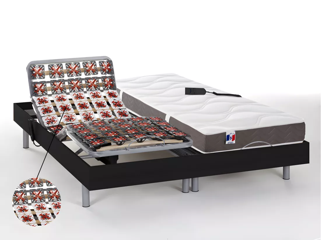 Lit électrique de relaxation tout plots + matelas 100% latex 3 zones - 2 x 80 x 200 cm - Noir - JUPITER de YSMÉE