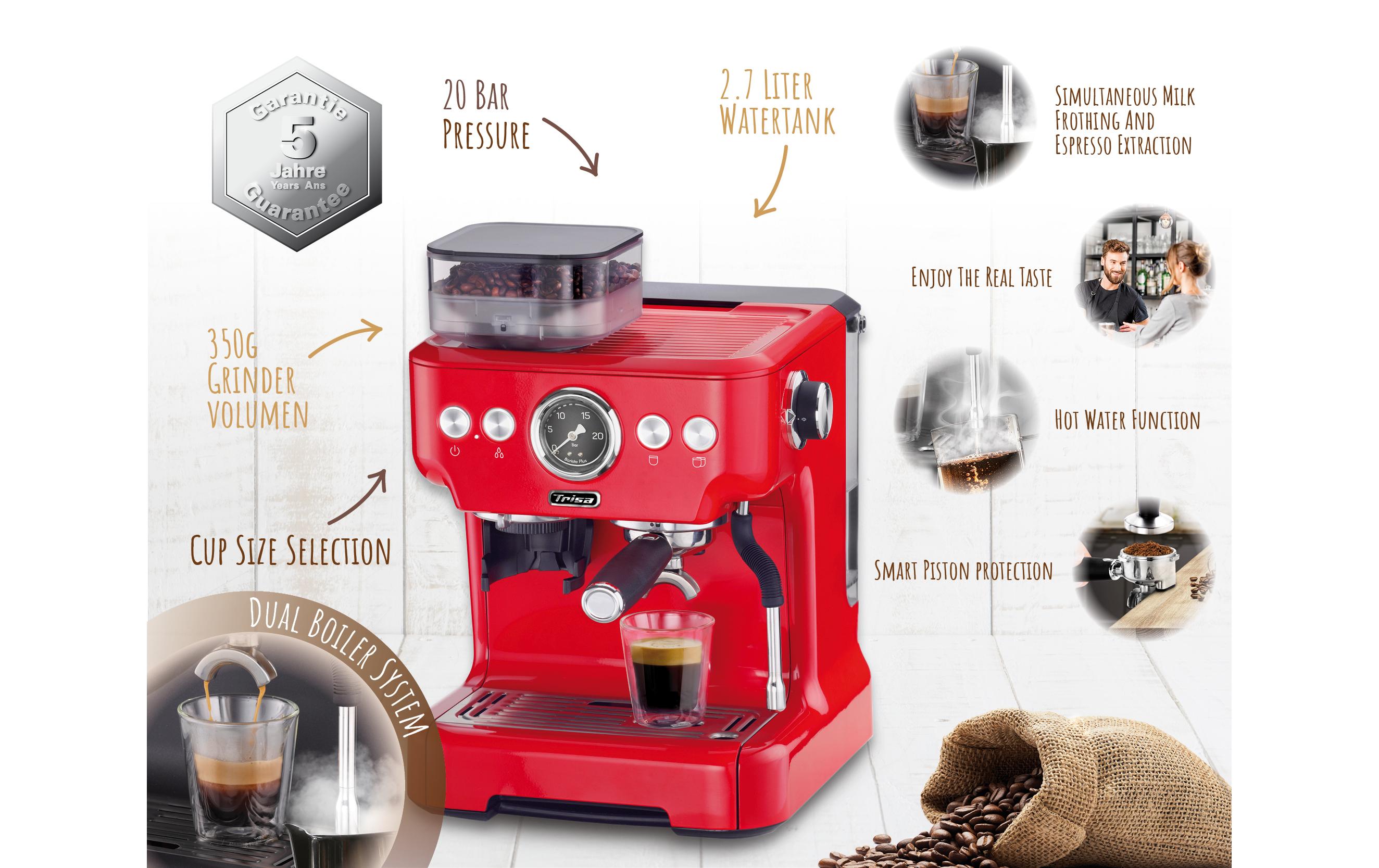 Siebträgermaschine Barista Plus Rot<br>Kaffeemaschine mit Siebträger und integriertem Mahlwerk