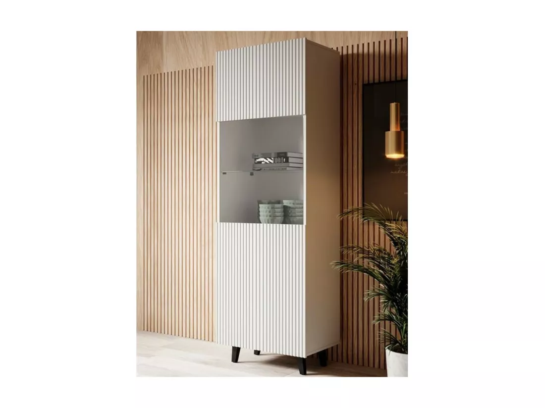 Vitrine design blanc mat rainuré 2 niches Gustave