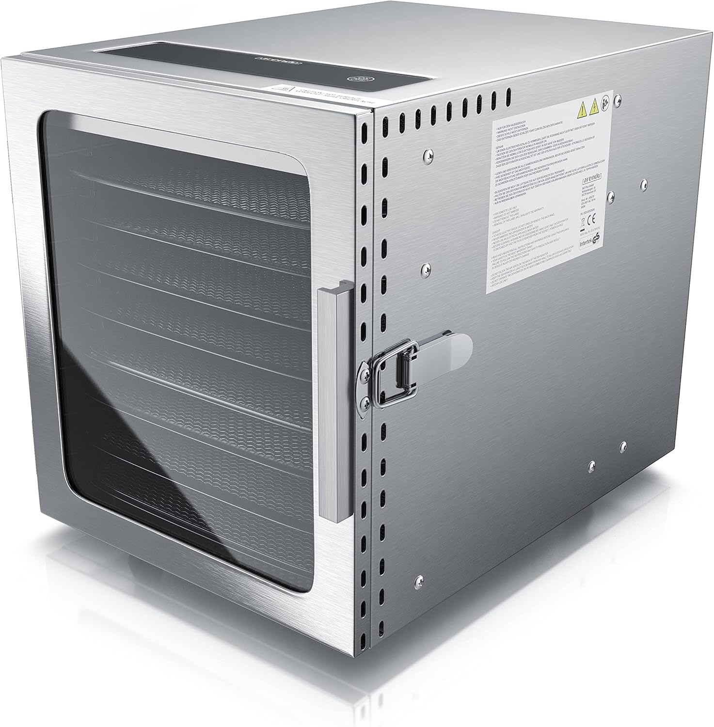 Arendo - Edelstahl Dörrautomat 8 fach - 500 Watt mit Temperaturregler - Dörrgerät für Lebensmittel Fleisch Früchte Obst Pilze - Timer bis zu 24 h - 8 Einlegefächer - GS - Dehydrator