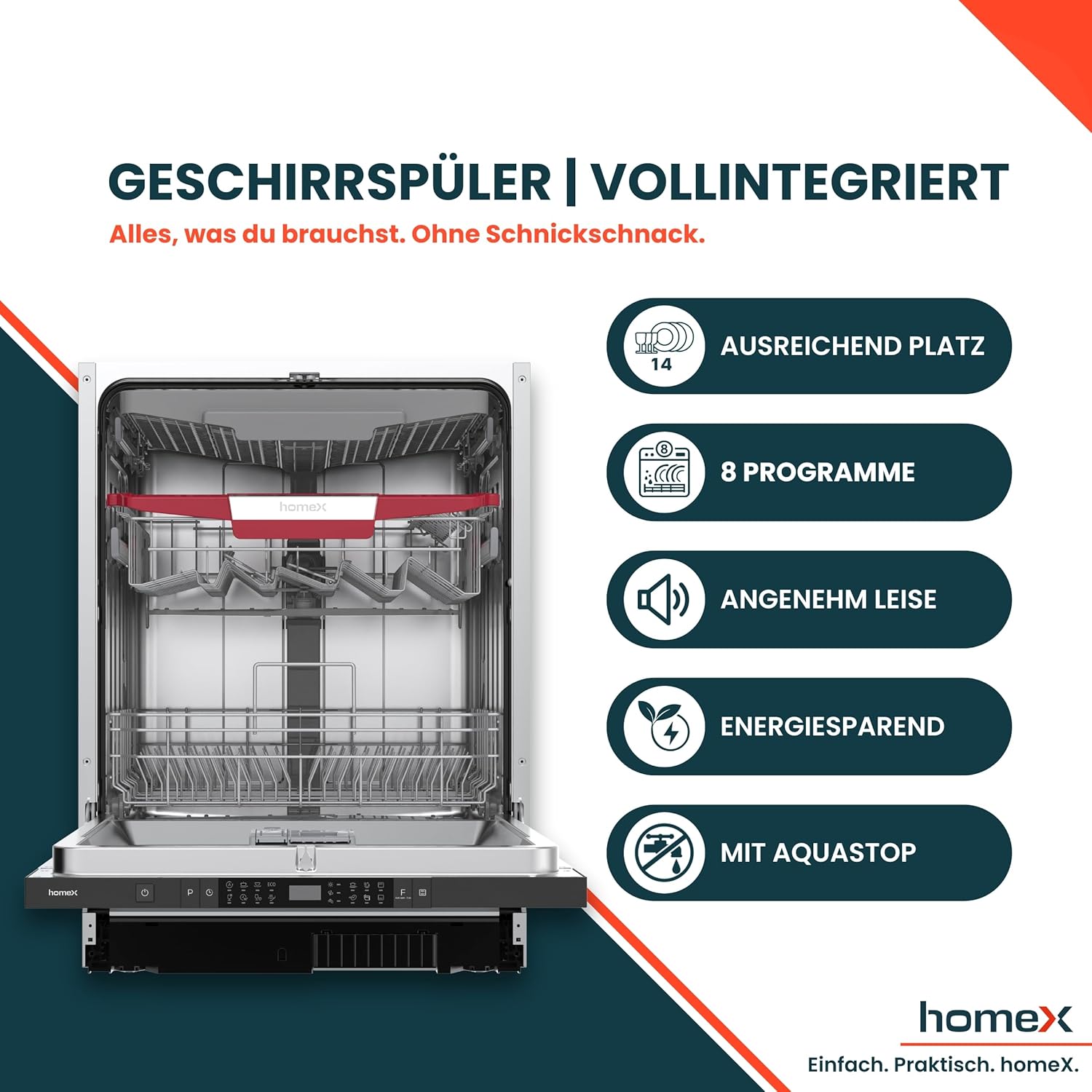 homeX Geschirrspüler 60 cm, Spülmaschine vollintegrierbar - 14 Maßgedecke, 8 Programme, AquaStop, Besteckschublade, 44 dB, Bodenlicht, Automatische Türöffnung, Einbaugeschirrspüler vollintegriert