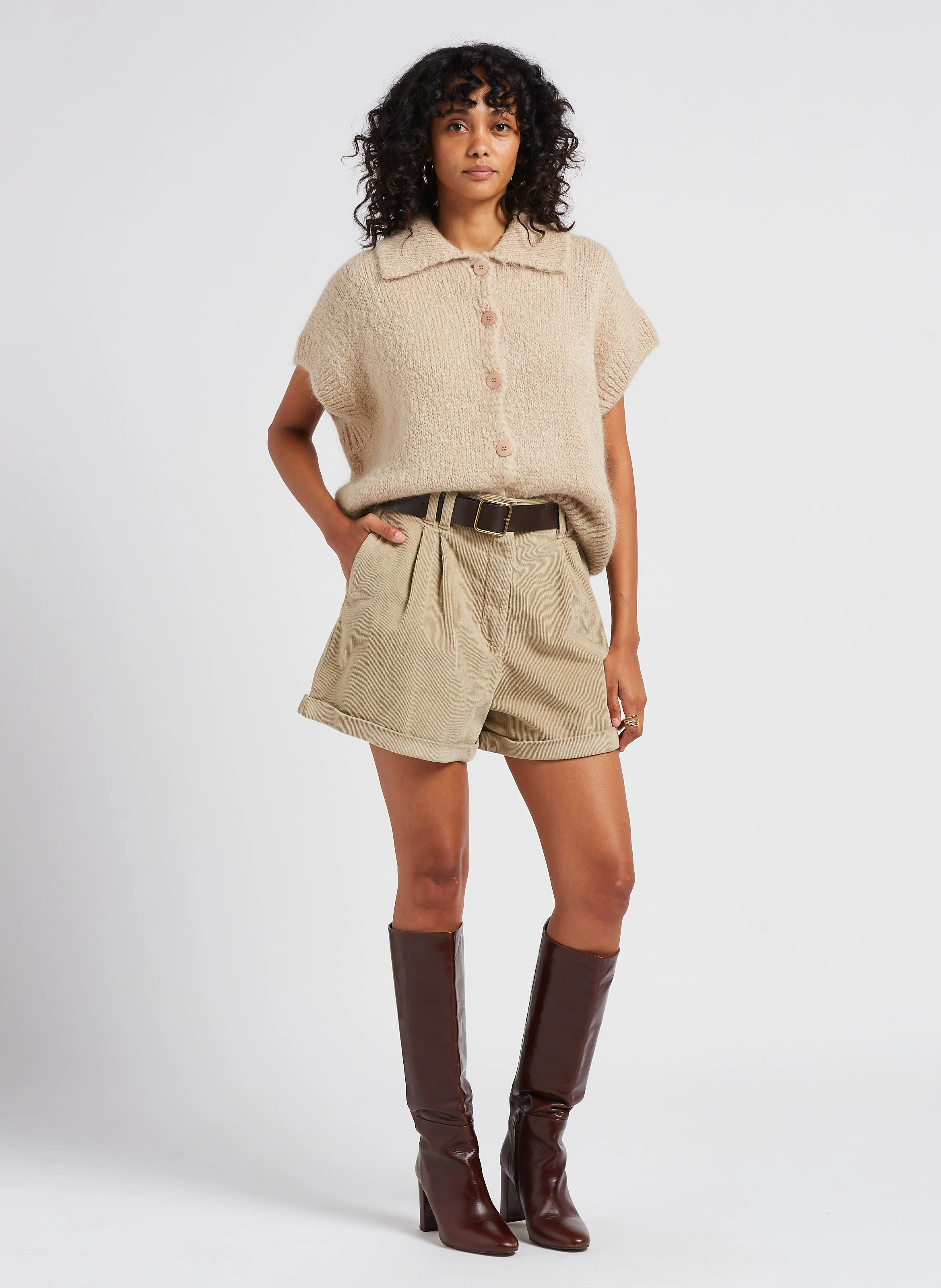 Short en velours côtelé et coton mélangé| Marron