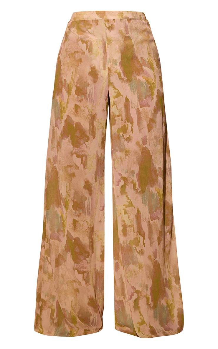 Vert Olive Pantalon De Plage En Mousseline À Imprimé Abstrait