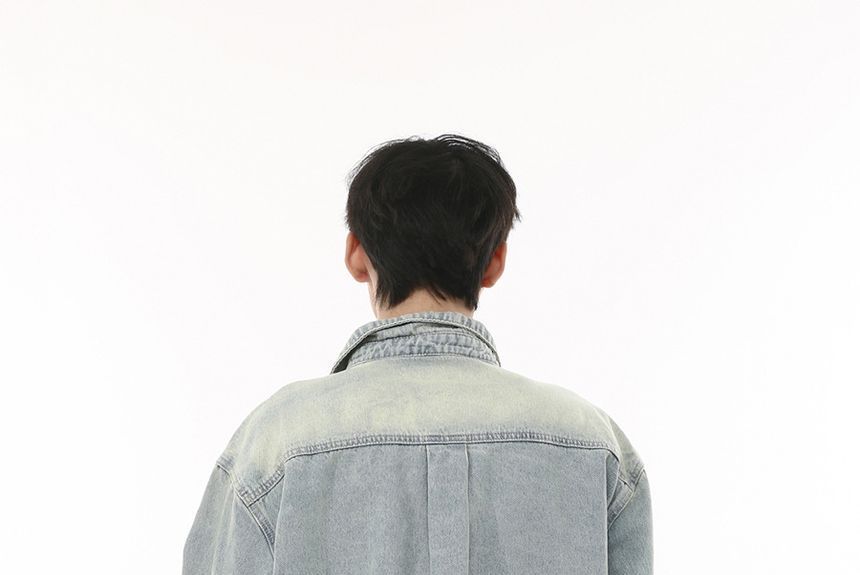 FAERIS - Denim jack met zakdetail en één rij knopen / Mid rise gewassen wijde jeans