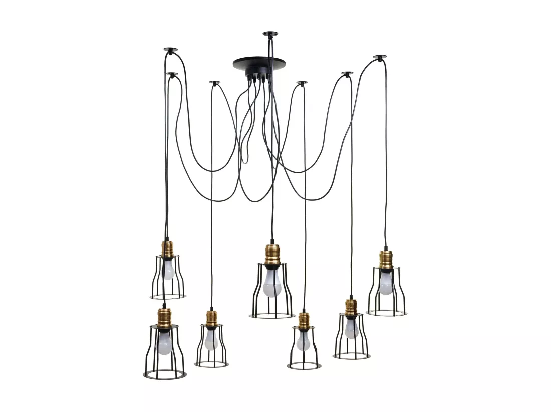 Suspension lampe suspendue lustre hauteur réglable en métal style industriel noir 7x abat-jour cage 04_0004043