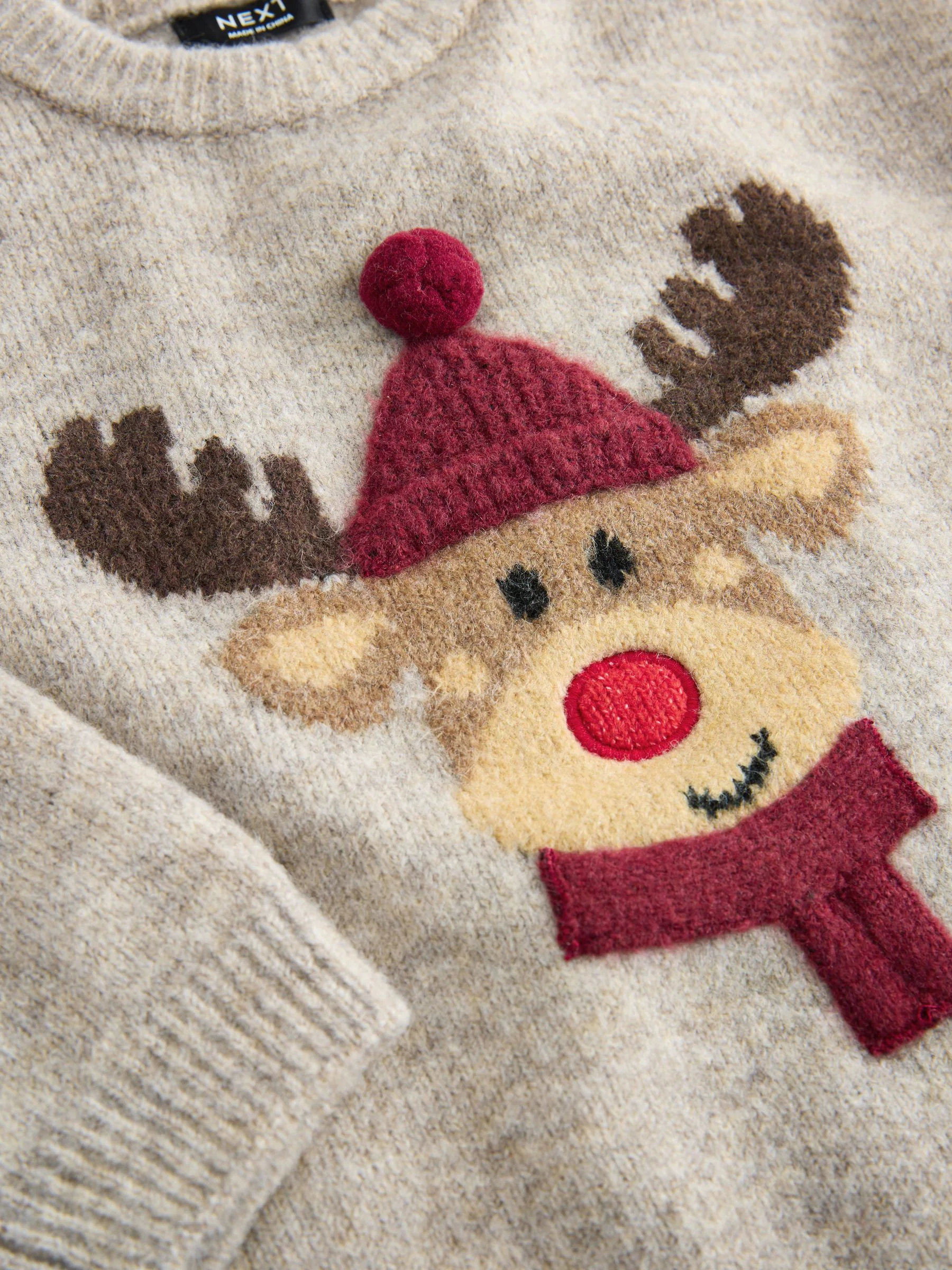 Naturel/grijs rendier - Gebreide kersttrui (3 mnd-7 jr)