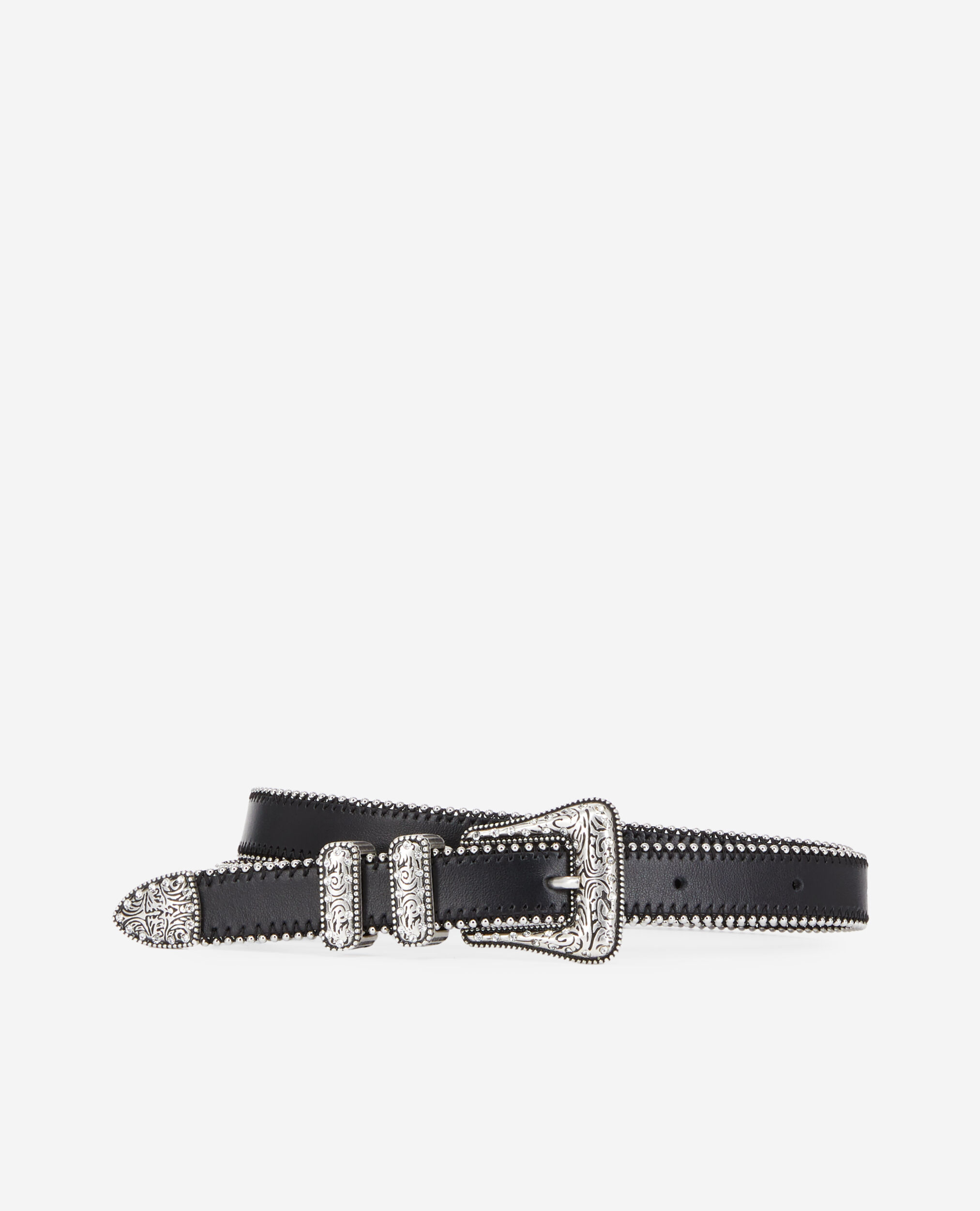 Ceinture en cuir noir bordée de billes avec boucle Western à strass