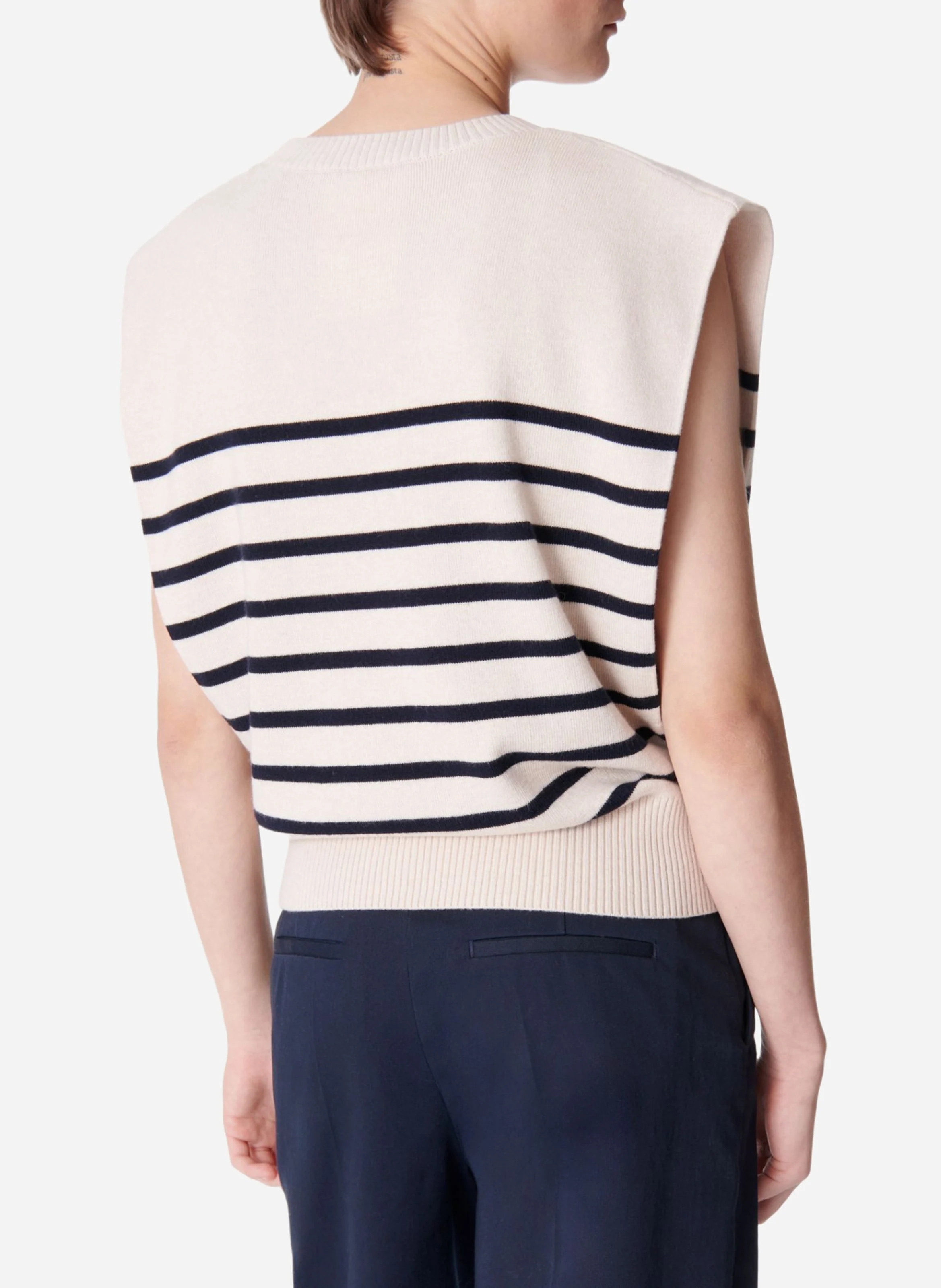 CASSANDRA - Pull col rond droit sans manches en coton et laine mélangé | Bleu