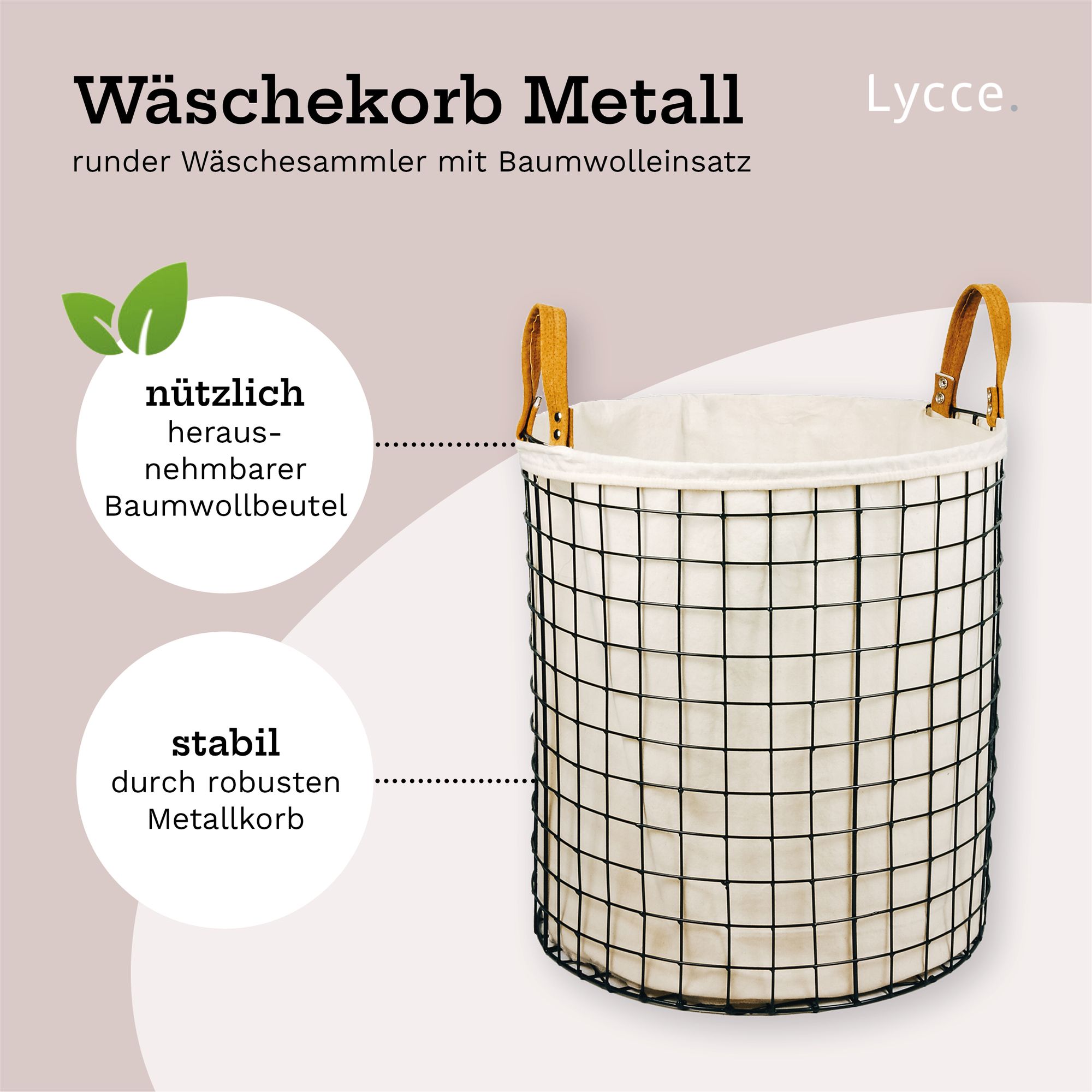 Lycce Wäschekorb aus Metall geflochten, 75L rund, Wäschesammler