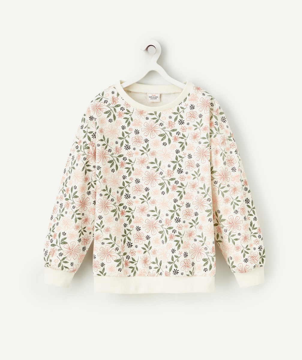 SWEAT FILLE EN FIBRES RECYCLÉES ÉCRU AVEC IMPRIMÉ FLEURI