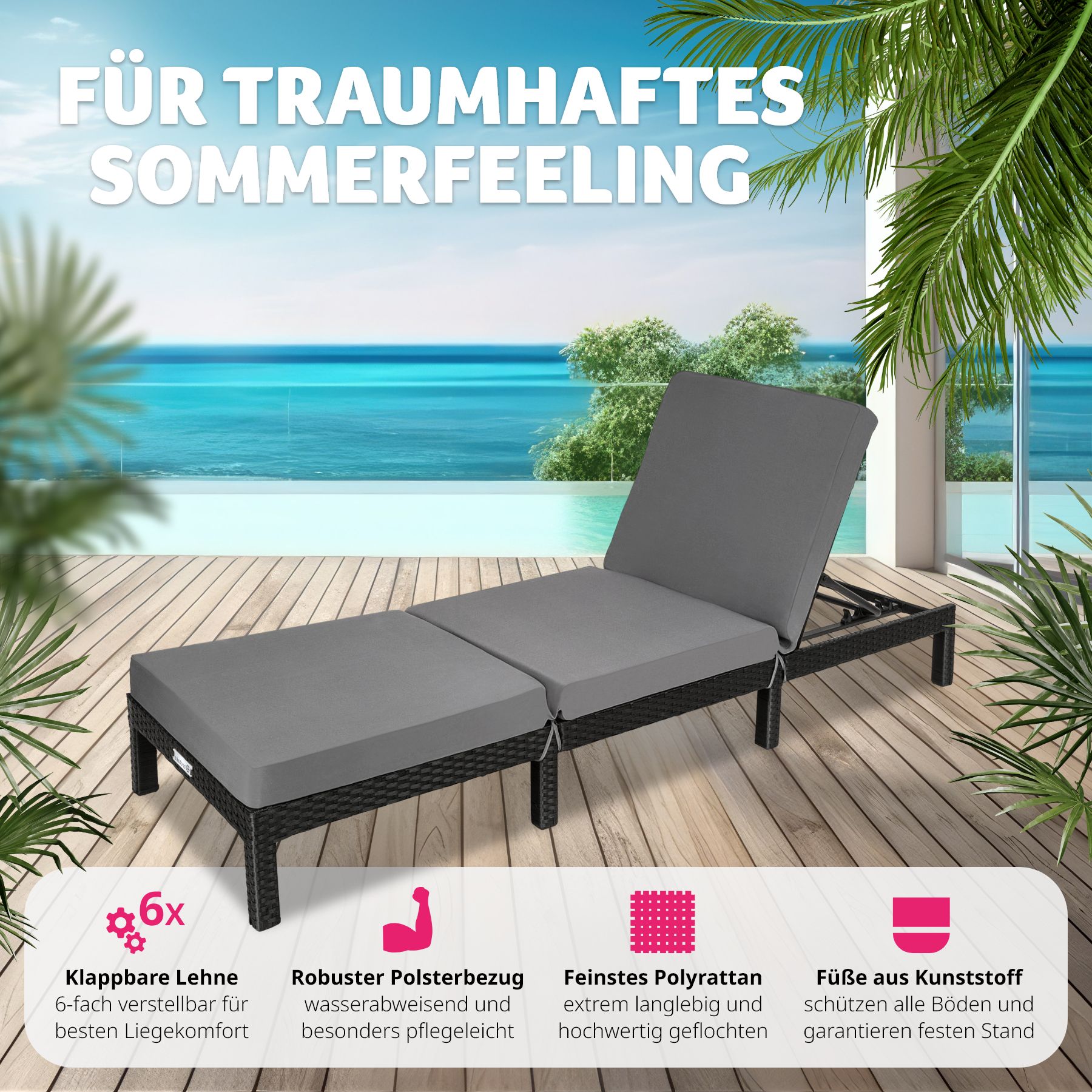 tectake® Rattan Sonnenliege, widerstandsfähig, 6-fach verstellbare Rückenlehne, 196 x 66 x 27 cm