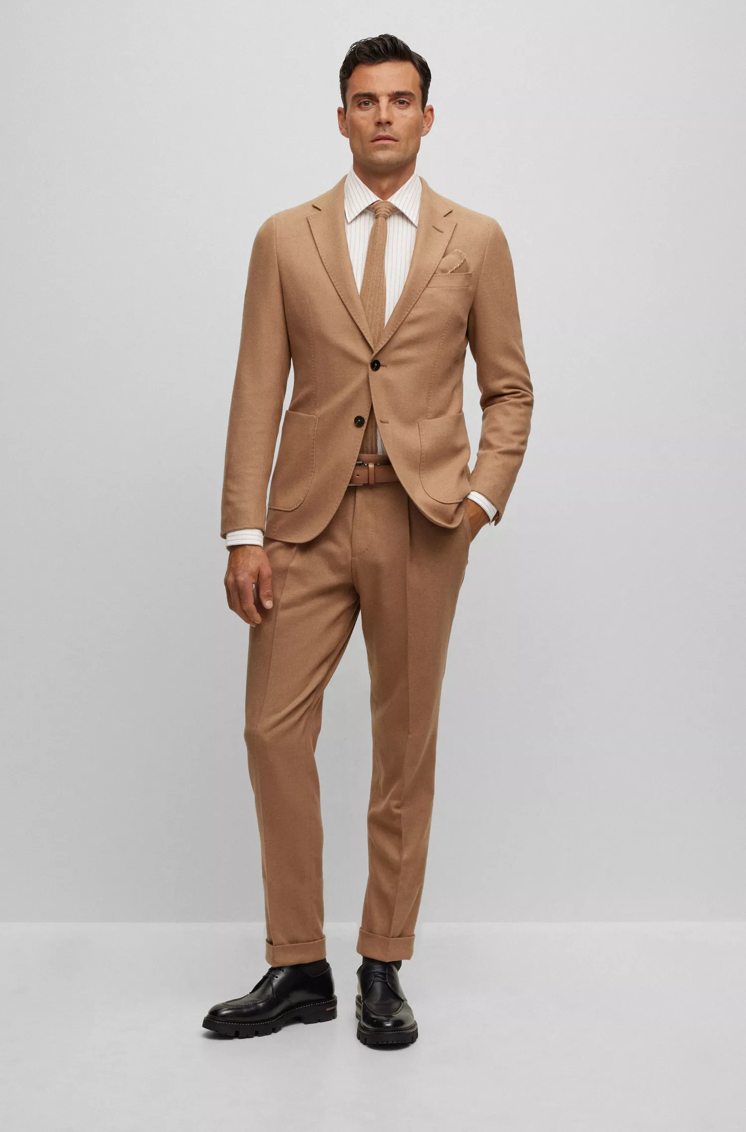 Camisa BOSS Camel Slim-fit em sarja de algodão listrada