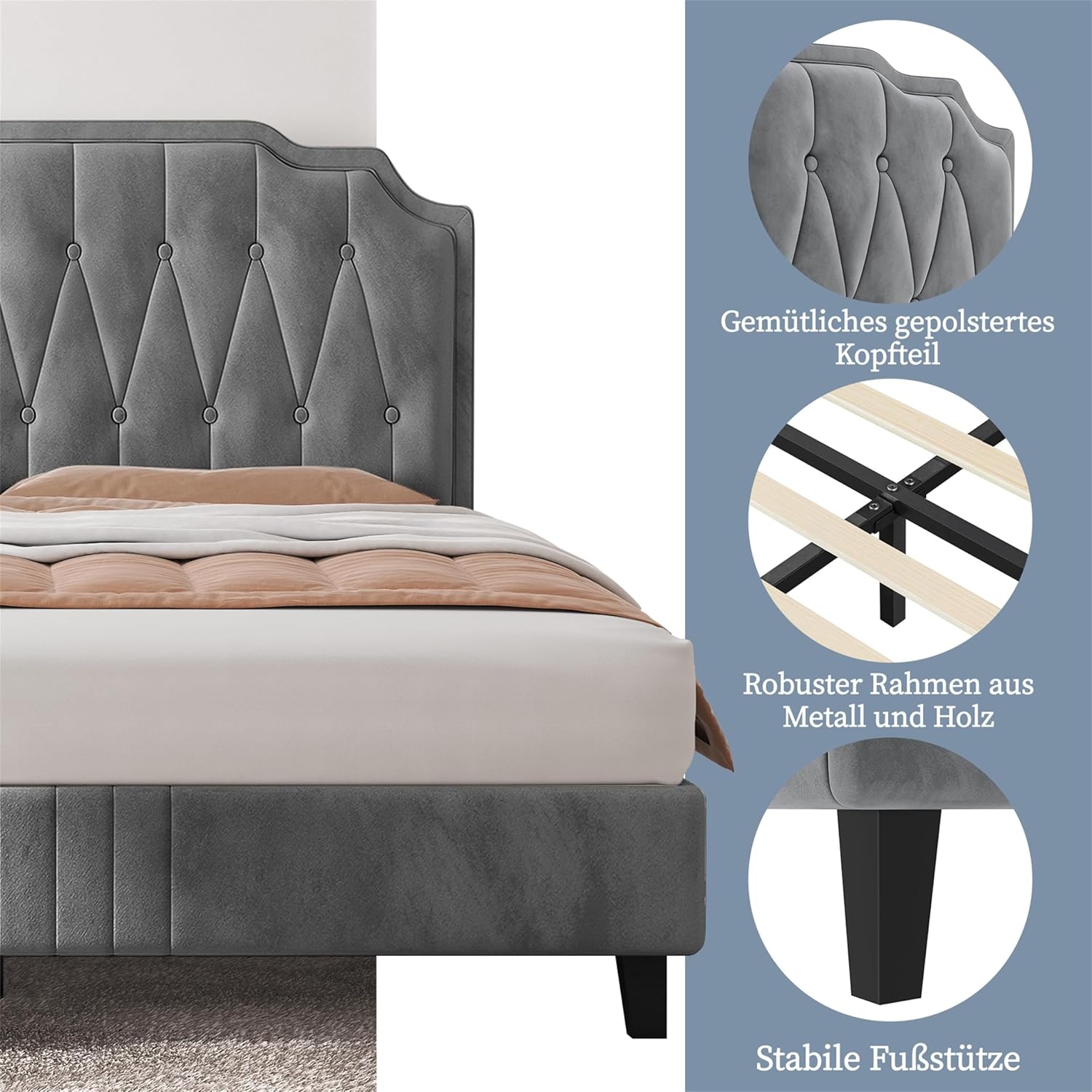 Yaheetech Polsterbett Doppelbett 160 x 200 cm Stoffbett Bettgestell Gepolstertes Bett mit höhenverstellbarem Kopfteil Bettrahmen mit Lattenrost, Hellgrau