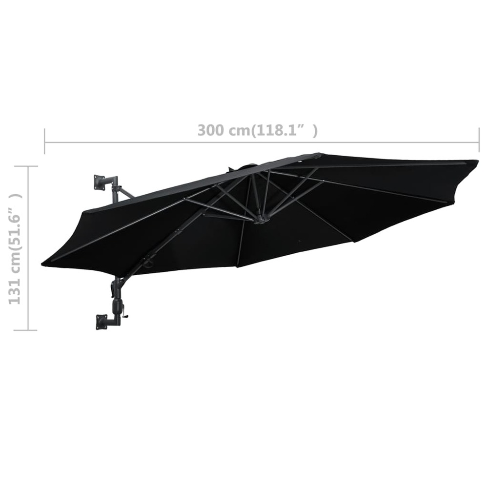 Parasol mural avec mât en métal 300 cm noir