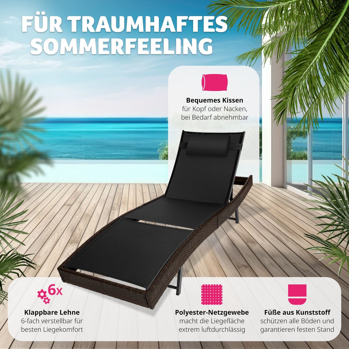 Rotan ligstoel tectake Moana, duurzaam en UV-bestendig, 69 x 211 x 41 - 94 cm