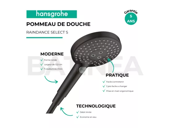 Pommeau de douche HANSGROHE Raindance Select S EcoSmart 120 3 jets noir mat + flexible de douche HANSGROHE Designflex 160 cm noir mat