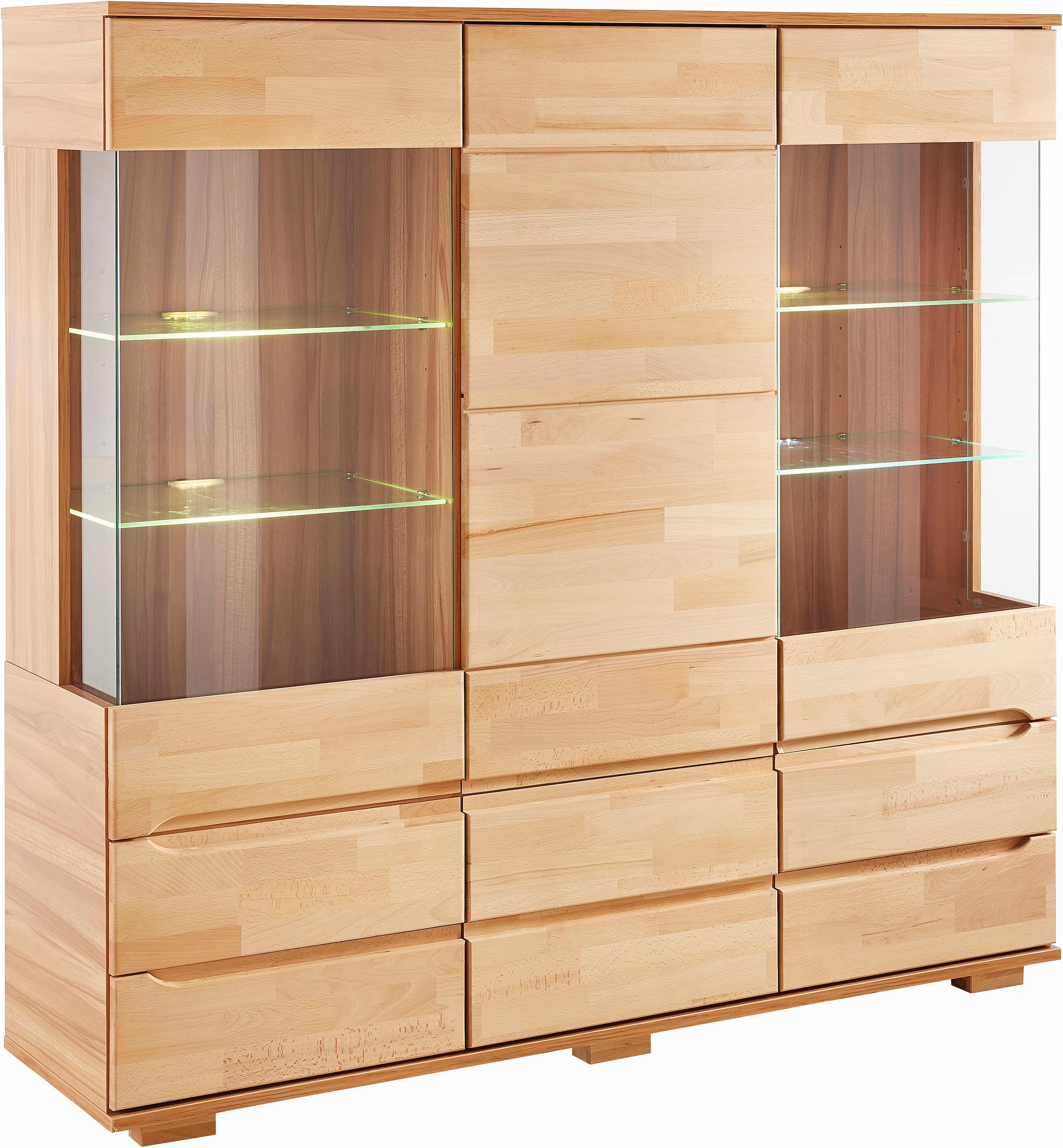 Home affaire Highboard »Vetro,150cm breit,40 cm tief,Fronten Massivholz,9 Fächer« Kernbuche massiv, Holzwerkstoff, 3Türen,6 Schubladen, Griffmulden