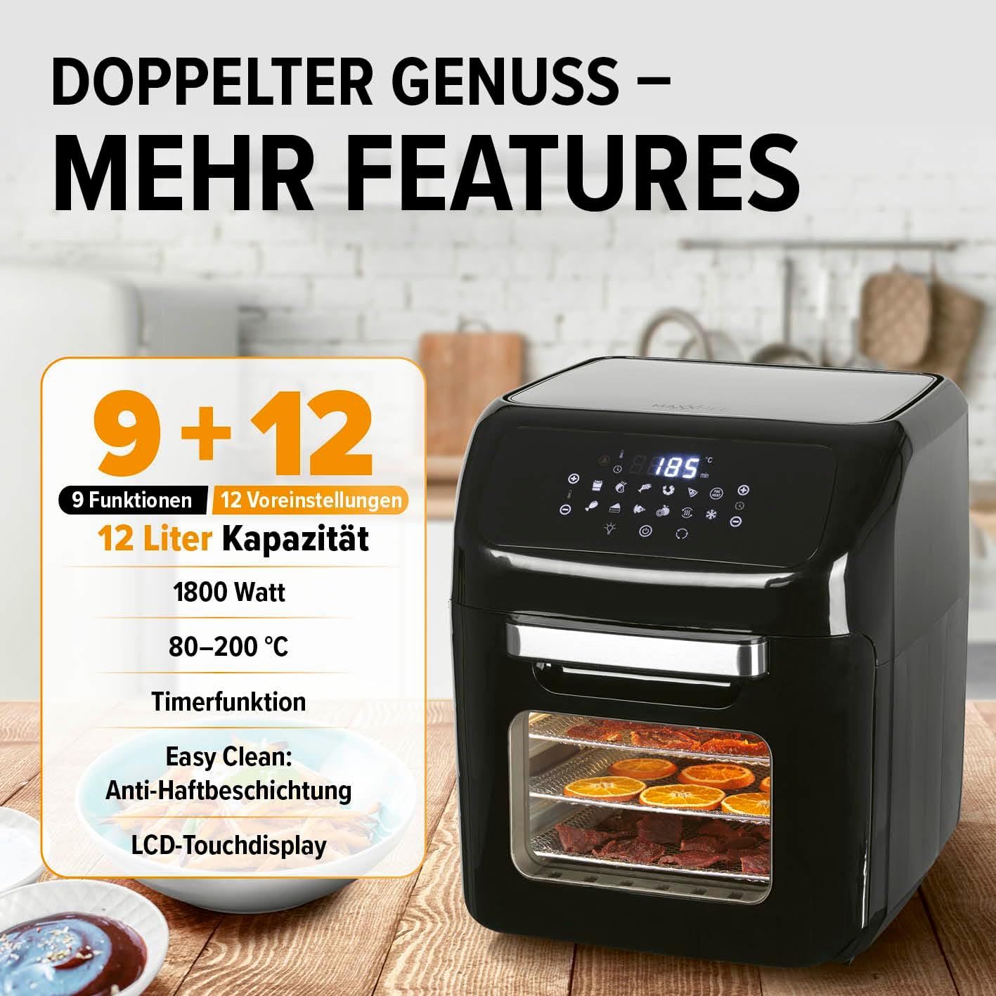 MAXXMEE Heißluft-Fritteuse Digital | Heißluftfritteuse XXL 12L bis zu 1,8kg Pommes | 3in1 Heißluftofen, Grill und Fritteuse | Fett- und geruchsarme Zubereitung mit Heißluft-Zirkulation [schwarz]