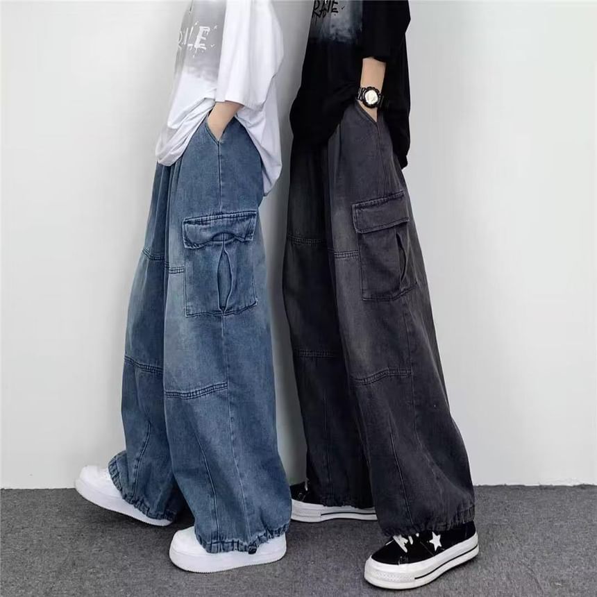 Kenning - Low Rise Washed Wide Leg Cargo Jeans