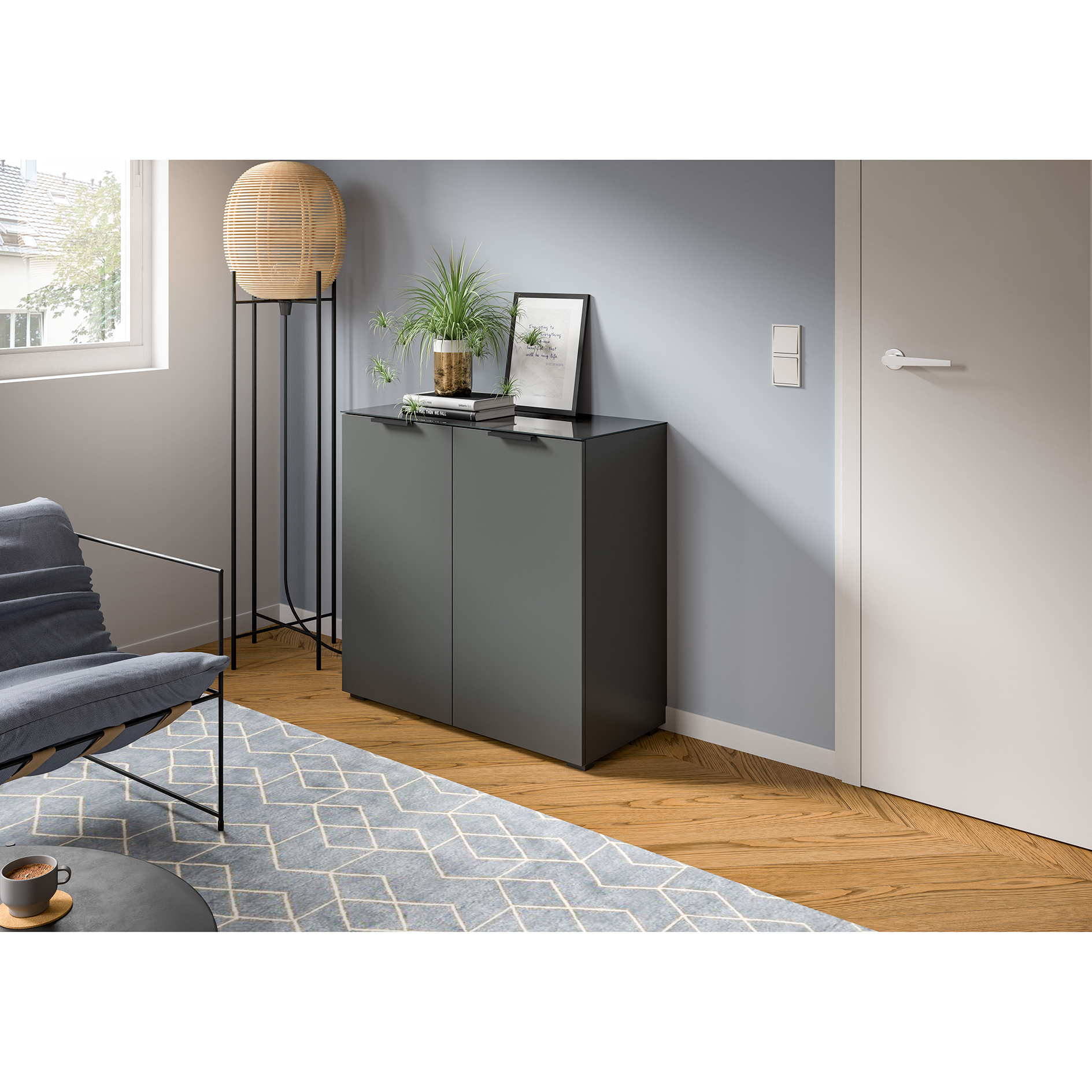 Kommode RAY - anthrazit - Glasplatte - 90 cm
