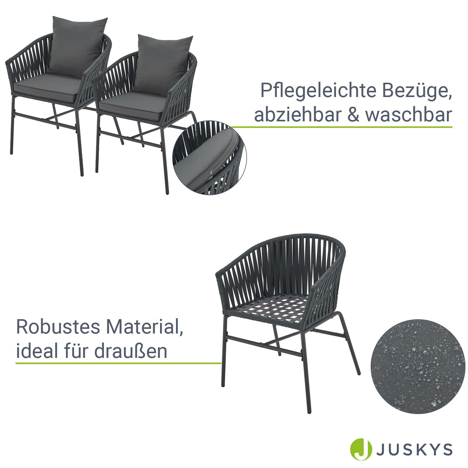 Juskys Rope Stühle 2er Set - mit Seilgeflecht & Polster -wetterfester & bis 160 kg belastbar - Grau