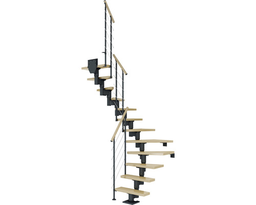 Pertura Spiros middentrap, antraciet, halve draai, 65 cm, leuning van gelamineerd esdoornhout, gelakt, 11 treden / 12 stootborden