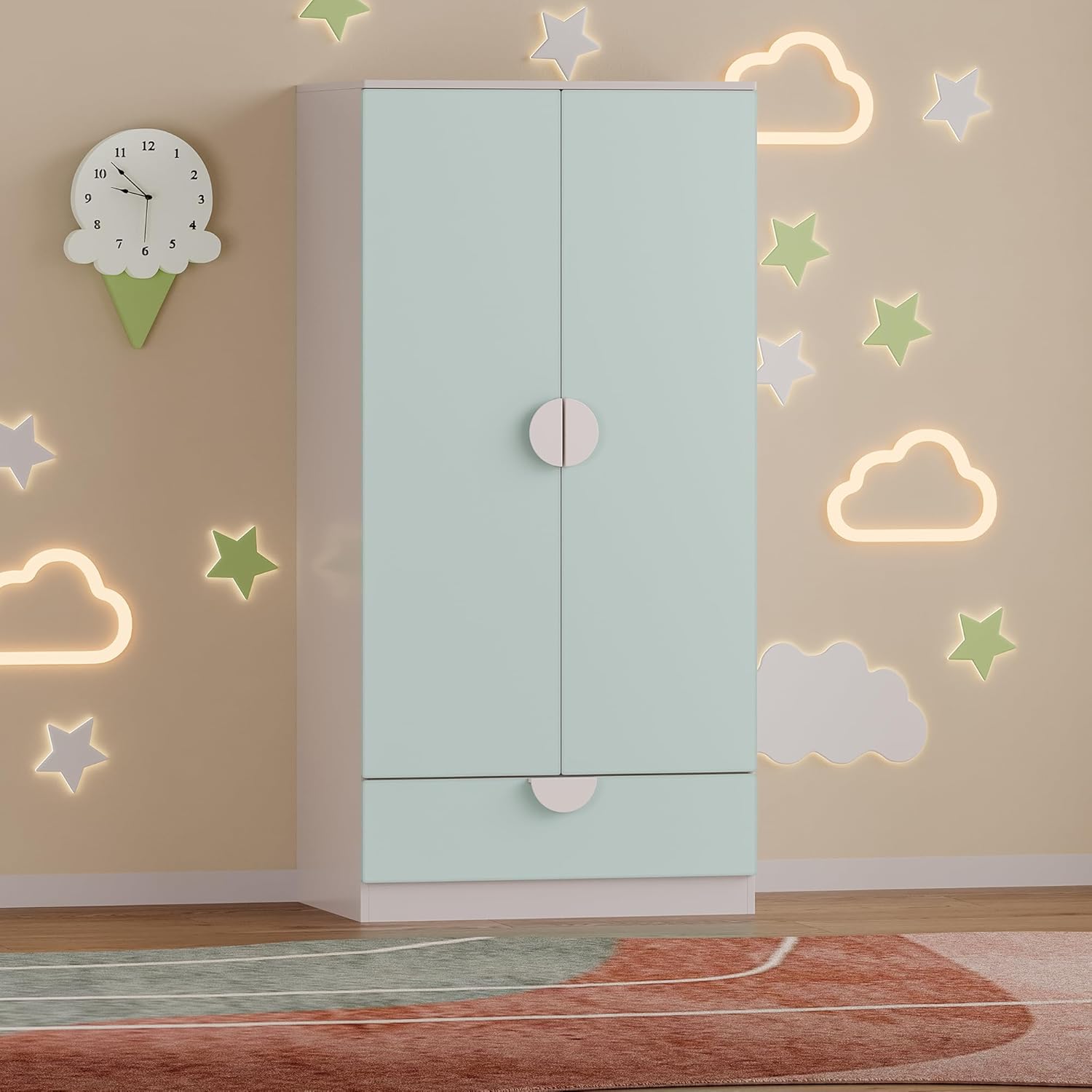 [en.casa] Kinderkleiderschrank Sandnes Garderobenschrank mit 2 Türen und 1 Schublade Kleiderstange Kinderzimmer 123 x 60 x 40 cm Mintgrün/Weiß