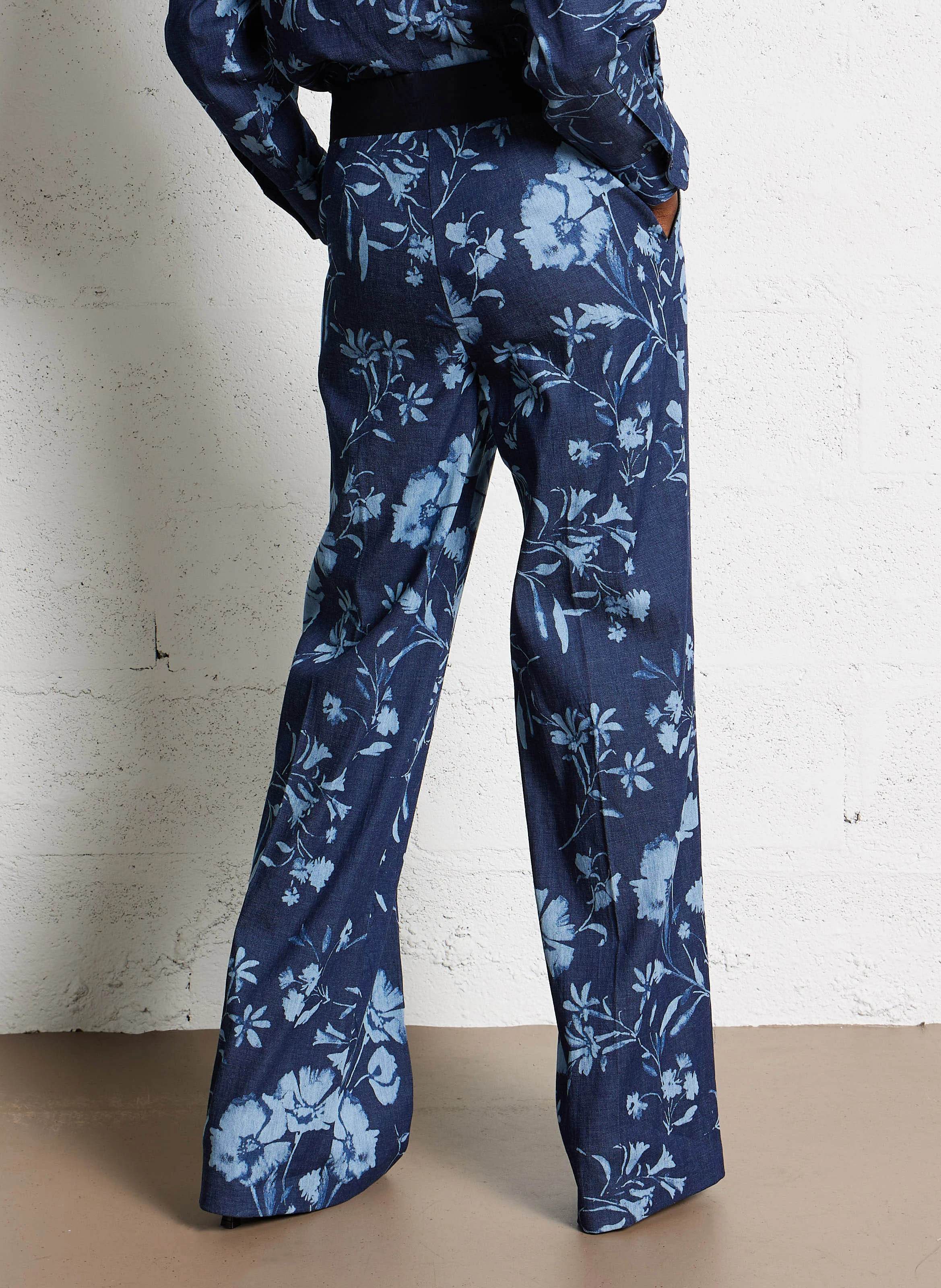 Pantalon palazzo en denim imprimé | Bleu