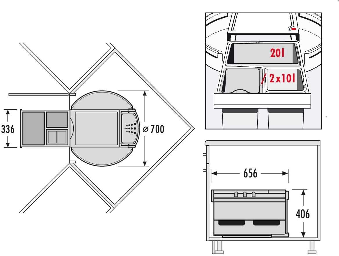 Hailo 3646231 Abfallsammler Rondo 90.3/40 P für Diagonal-Eckspülenschränke ab 900 mm Breite